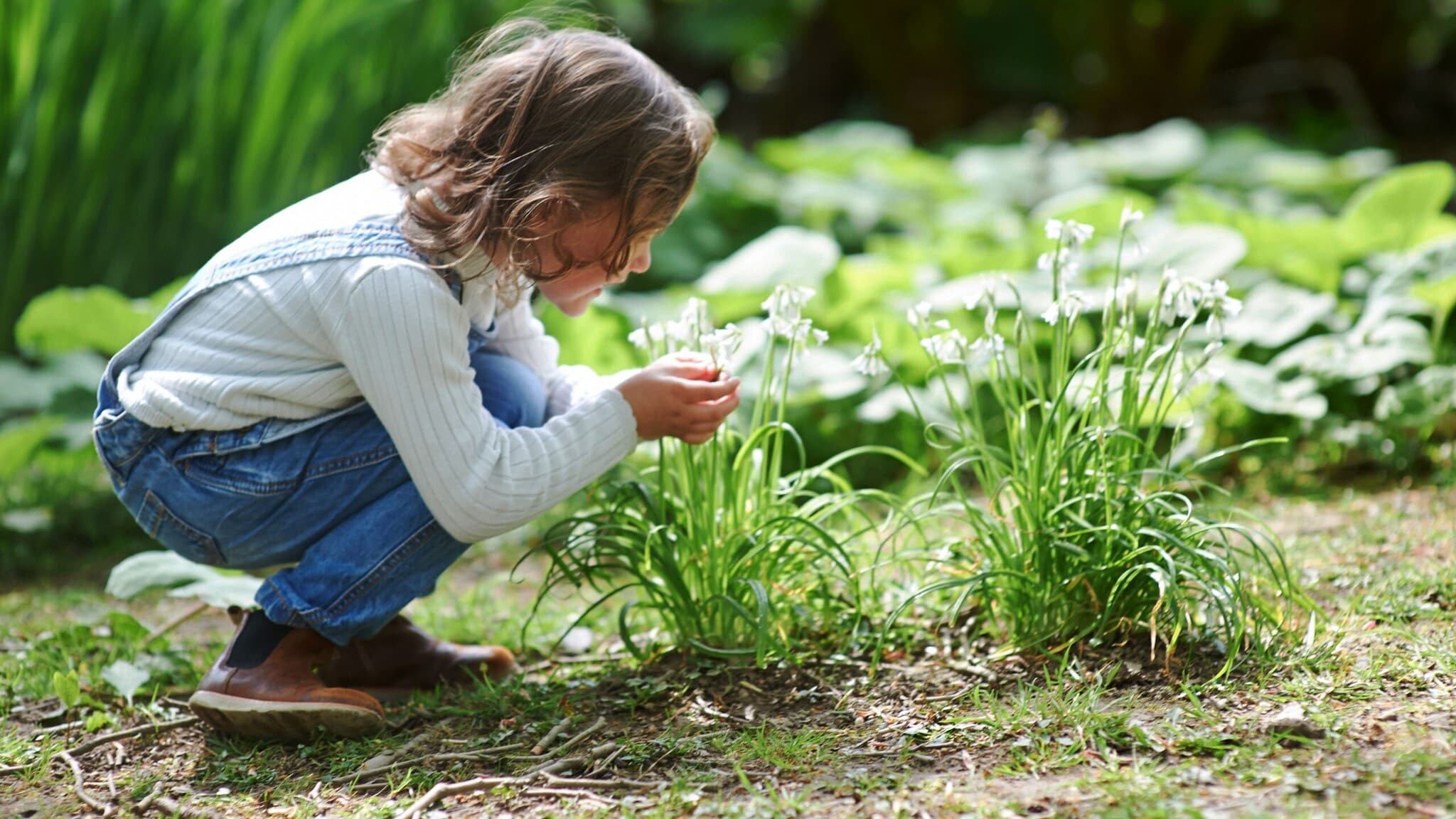 Ein Mädchen kniet und riecht an Blumen. Ein Mädchen kniet und riecht an Blumen.