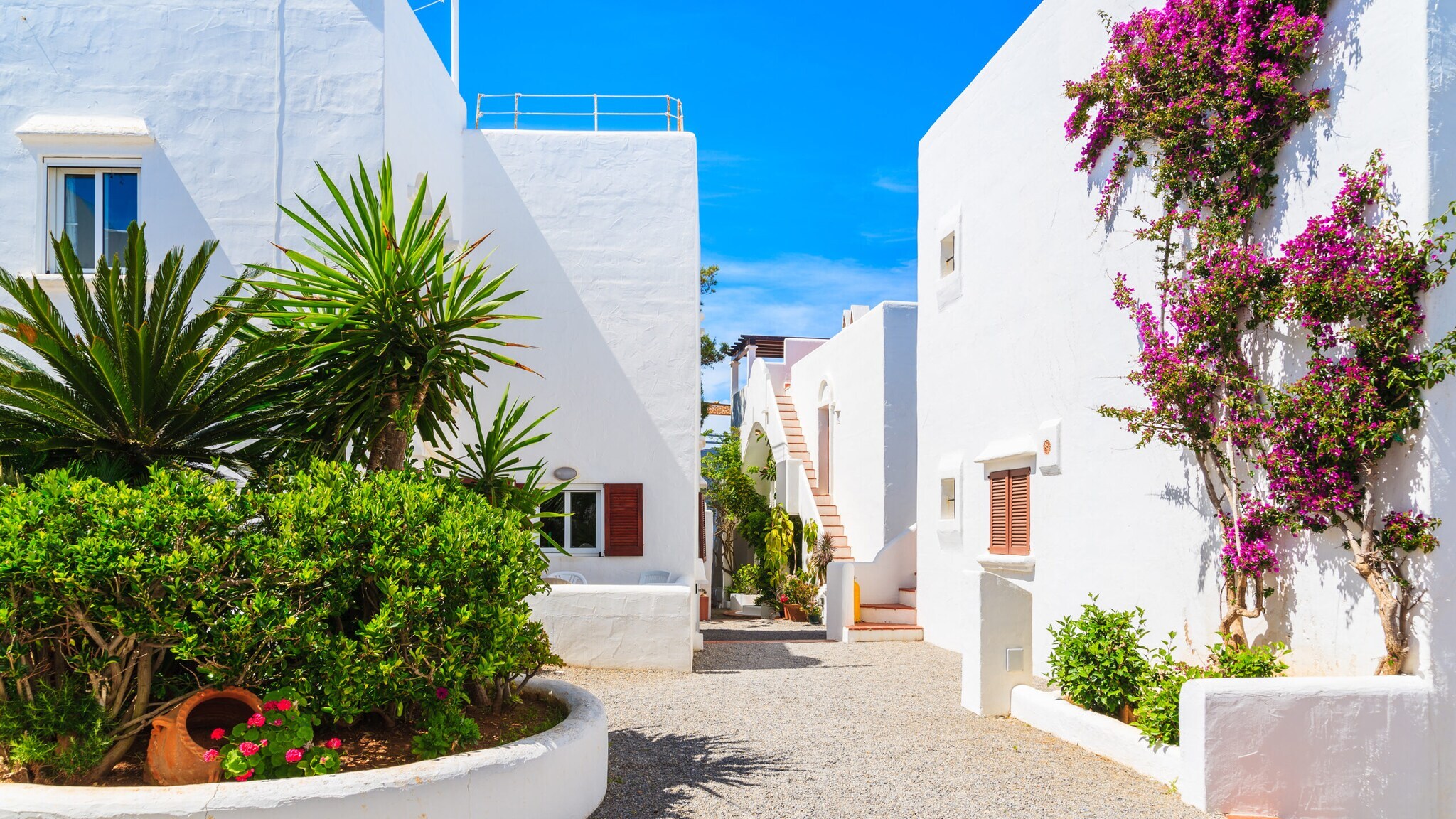 Enger gepflasterter Weg zwischen weißen Häusern mit blühenden Pflanzen und blauer Himmel