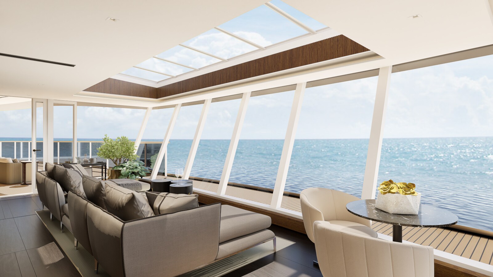 Interieur der luxuriösen Skyview Regent Suite mit großem Doppelbett, Sofa und Design-Objekten. Interieur der luxuriösen Skyview Regent Suite mit großem Doppelbett, Sofa und Design-Objekten.