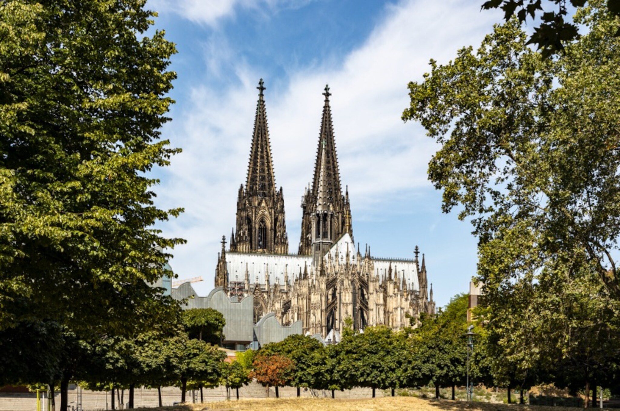 Kölner Dom mit zwei hohen gotischen Türmen, umgeben von Bäumen und blauem Himmel