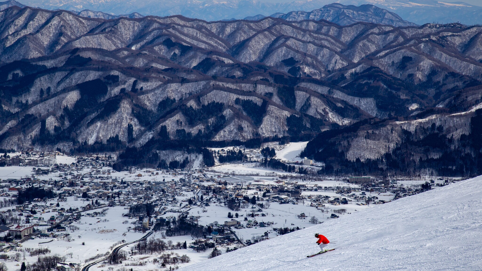 Skifahrer in roter Jacke fährt einen schneebedeckten Hang hinab mit Blick auf ein verschneites Dorf und bewaldete Berge im Hintergrund Skifahrer in roter Jacke fährt einen schneebedeckten Hang hinab mit Blick auf ein verschneites Dorf und bewaldete Berge im Hintergrund