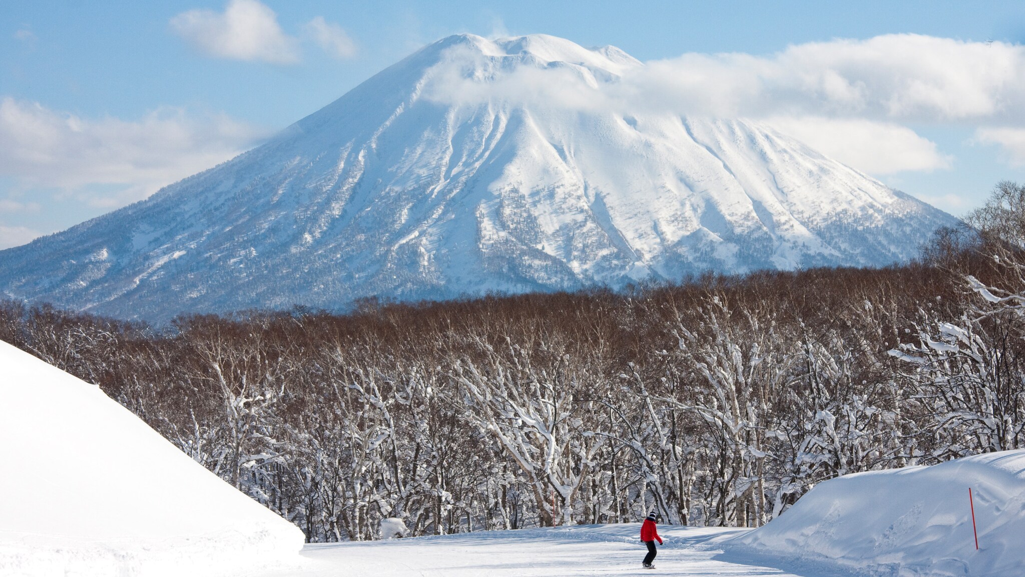 Schneebedeckter Berg mit bewaldetem Hang und Person in roter Jacke auf schneebedecktem Feld im Vordergrund