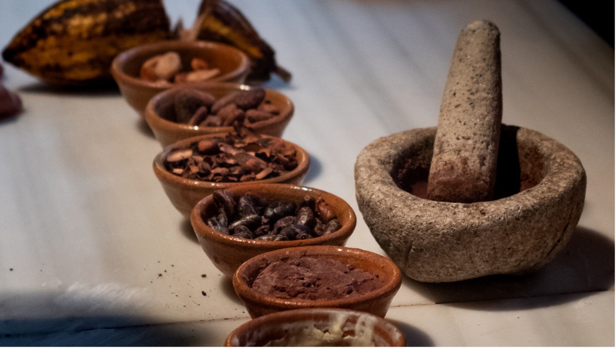 Verschiedene Stadien der Kakaobohnenverarbeitung in kleinen Schalen neben einem Mörser und Stößel aus Stein Verschiedene Stadien der Kakaobohnenverarbeitung in kleinen Schalen neben einem Mörser und Stößel aus Stein