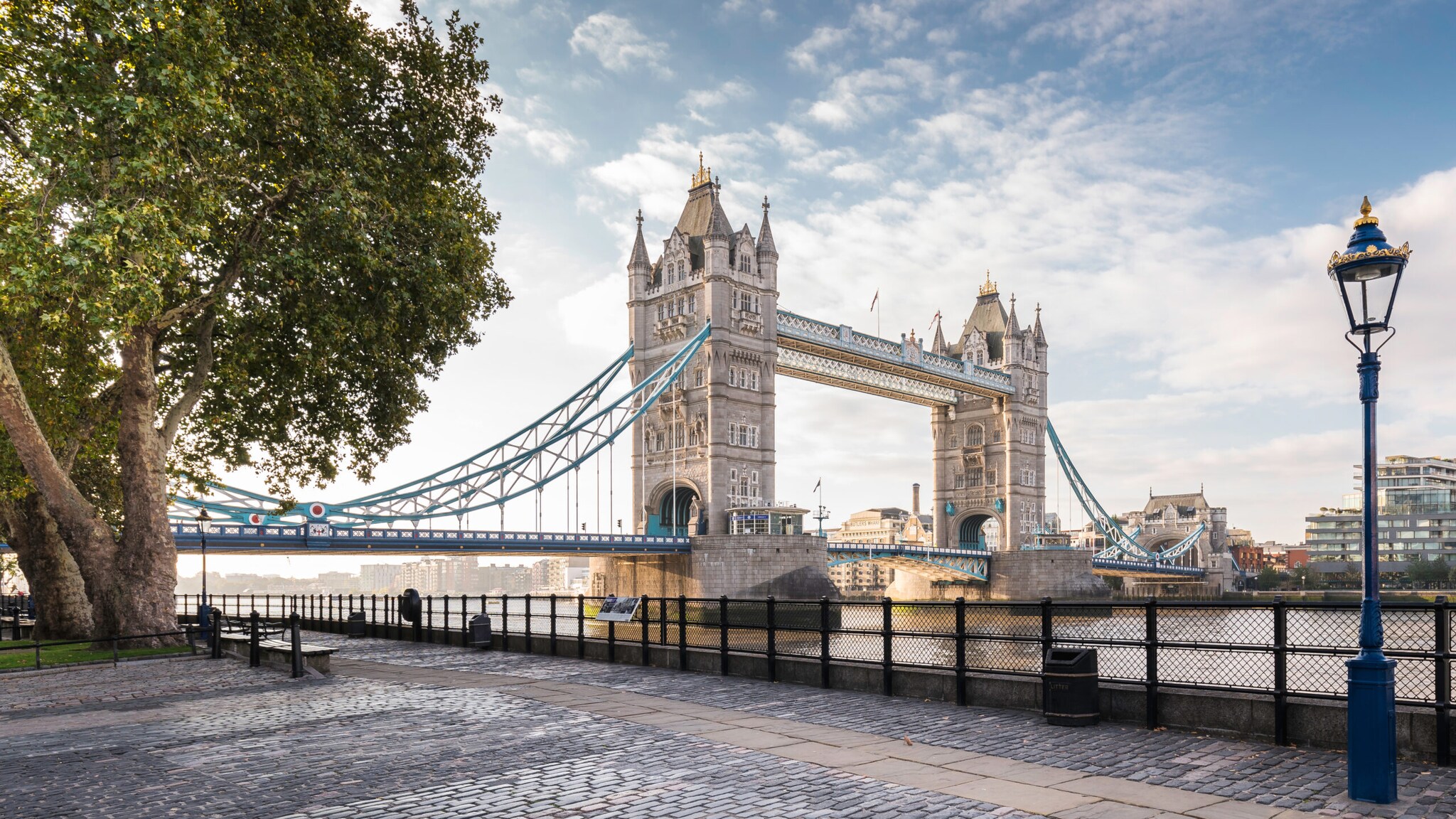 Tower Bridge über der Themse mit zwei markanten Türmen und blau-weißen Hängebrückenabschnitten, Blick vom Ufer mit Bäumen und Laterne. Tower Bridge über der Themse mit zwei markanten Türmen und blau-weißen Hängebrückenabschnitten, Blick vom Ufer mit Bäumen und Laterne.