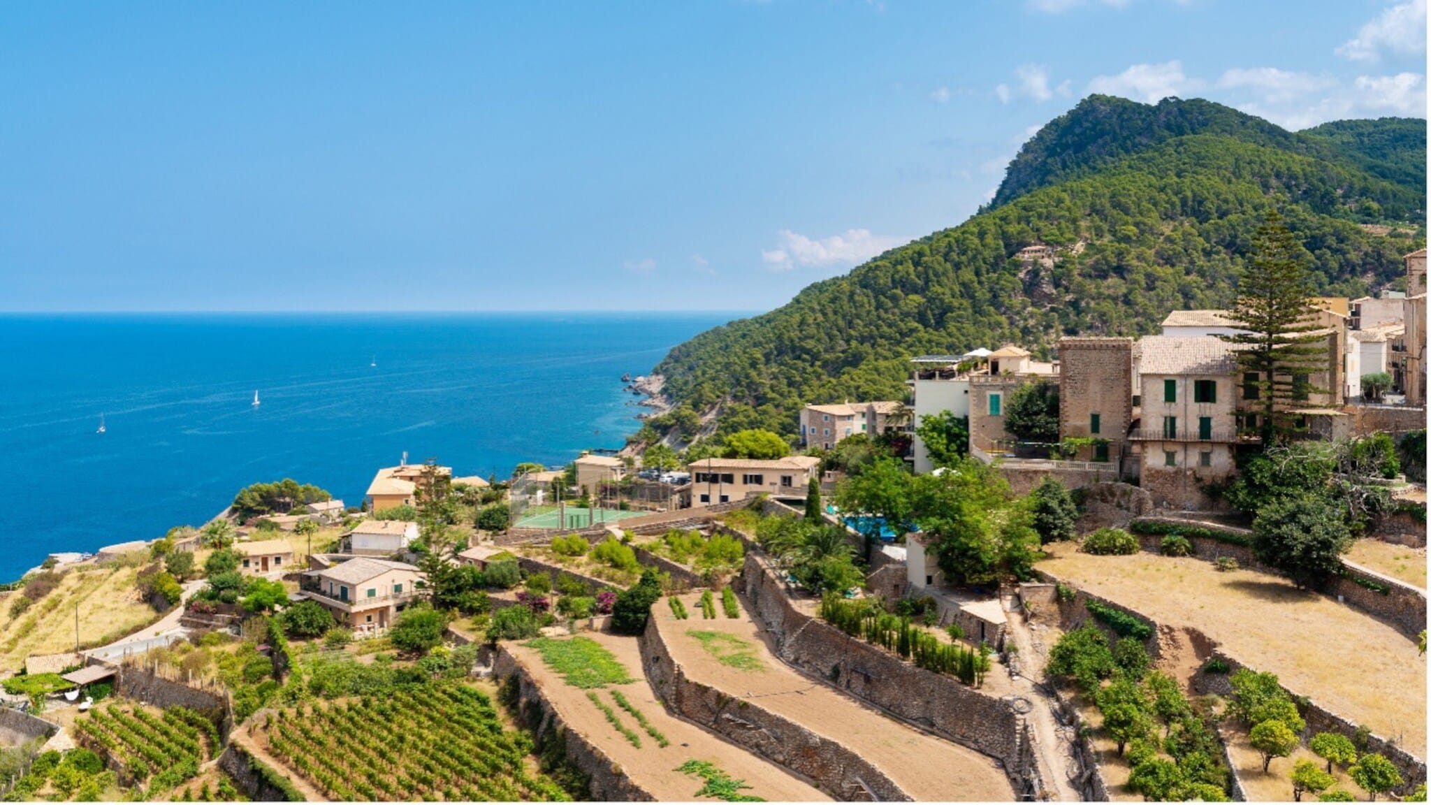 Blick auf terrassierte Weinberge und Häuser an der Küste mit grün bewaldeten Hügeln und blauem Himmel. Blick auf terrassierte Weinberge und Häuser an der Küste mit grün bewaldeten Hügeln und blauem Himmel.