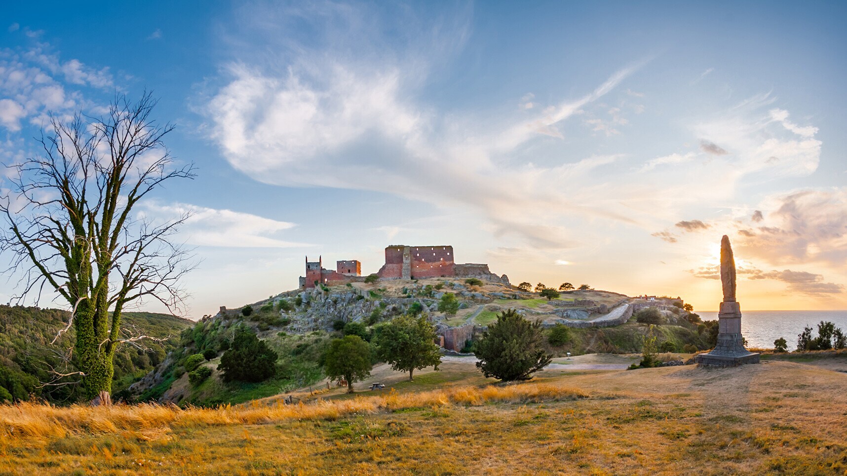 Ruine der Hammershus-Burg auf Bornholm bei Sonnenuntergang mit Baum und Obelisk im Vordergrund