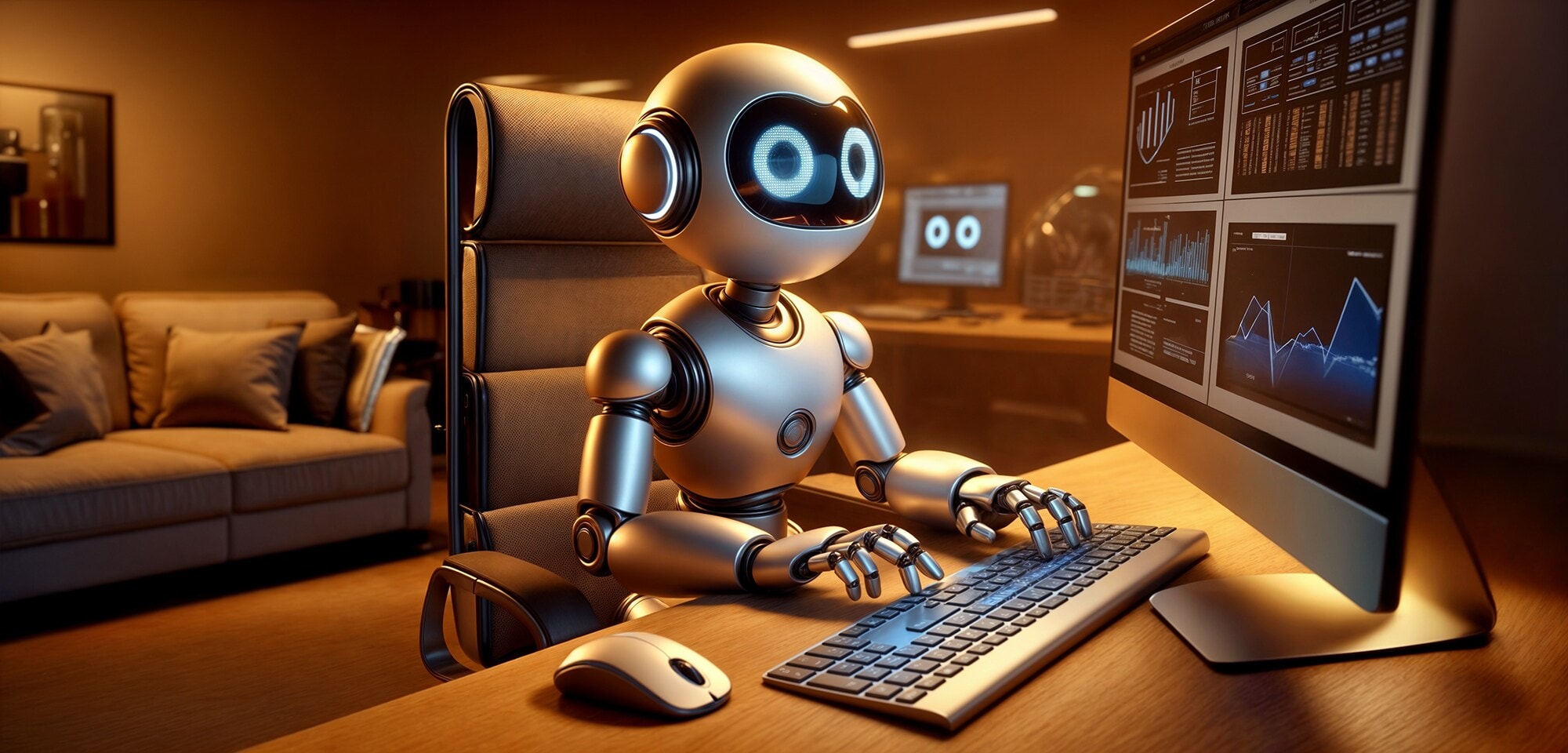 Ein Roboter sitzt vor dem Computer und tippt auf der Tastatur.