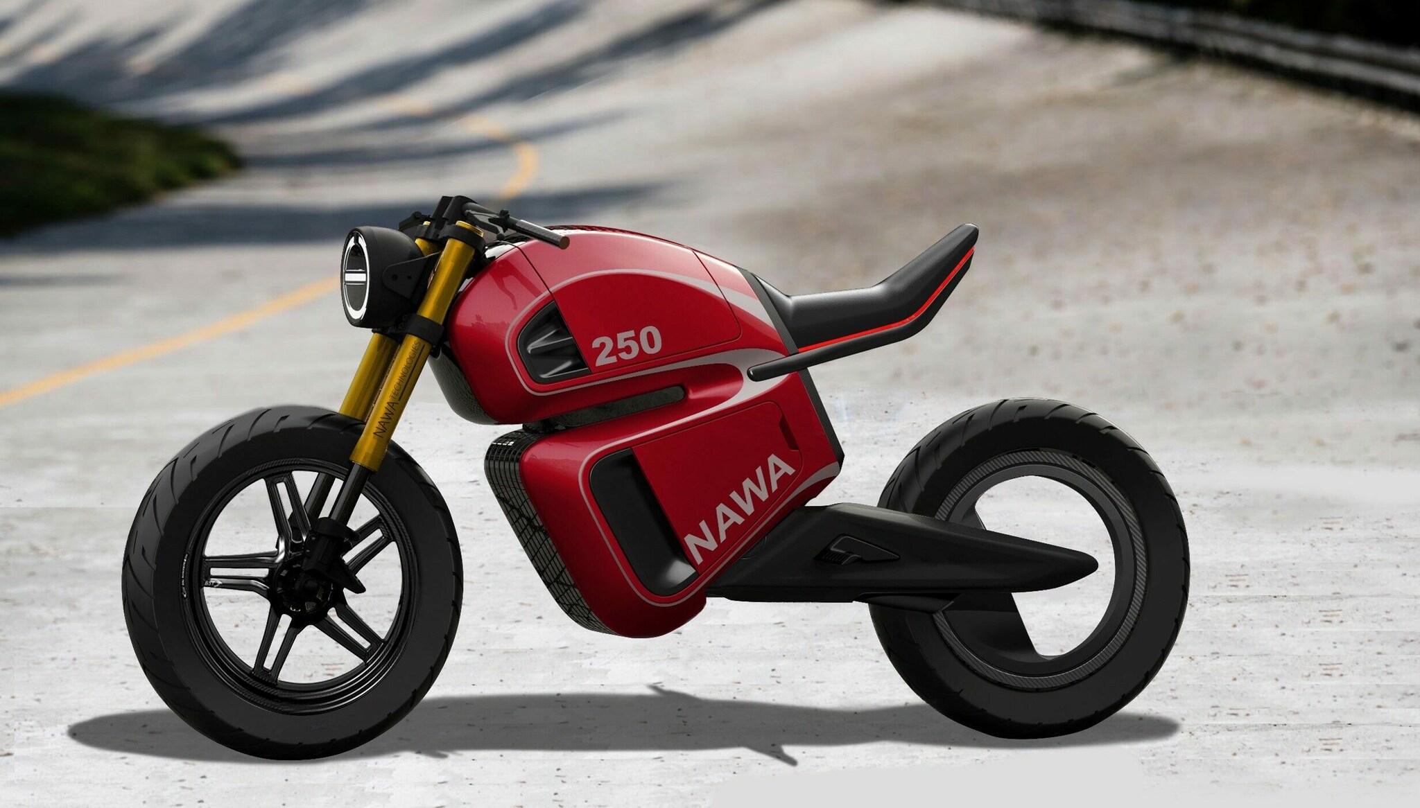 Ein rotes Konzept-Motorrad namens NAWARacer steht vor einer Steilkurve Ein rotes Konzept-Motorrad namens NAWARacer steht vor einer Steilkurve