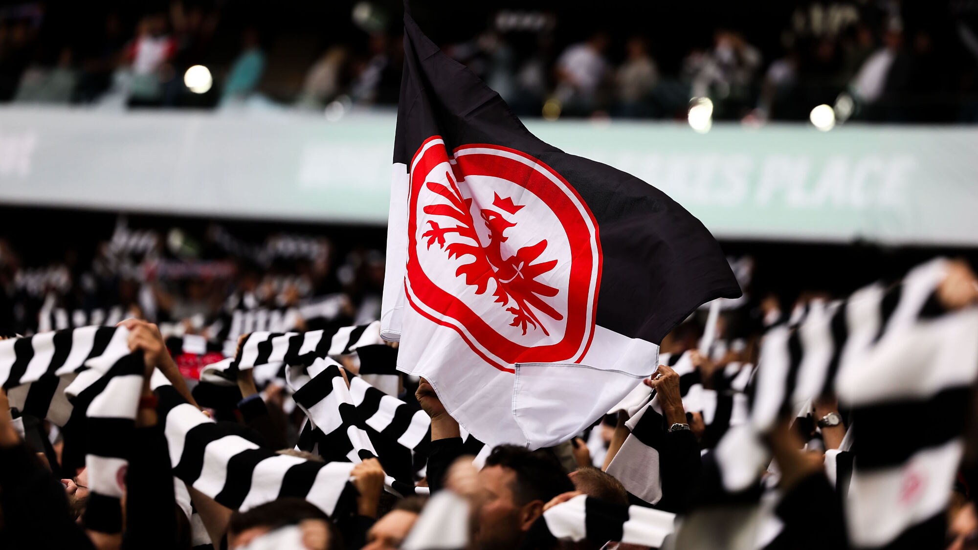 Schwarz-weiße Flagge mit rotem Adler-Symbol über den Köpfen von Personen, die schwarz-weiß gestreifte Schals hochhalten in einem Stadion. Schwarz-weiße Flagge mit rotem Adler-Symbol über den Köpfen von Personen, die schwarz-weiß gestreifte Schals hochhalten in einem Stadion.
