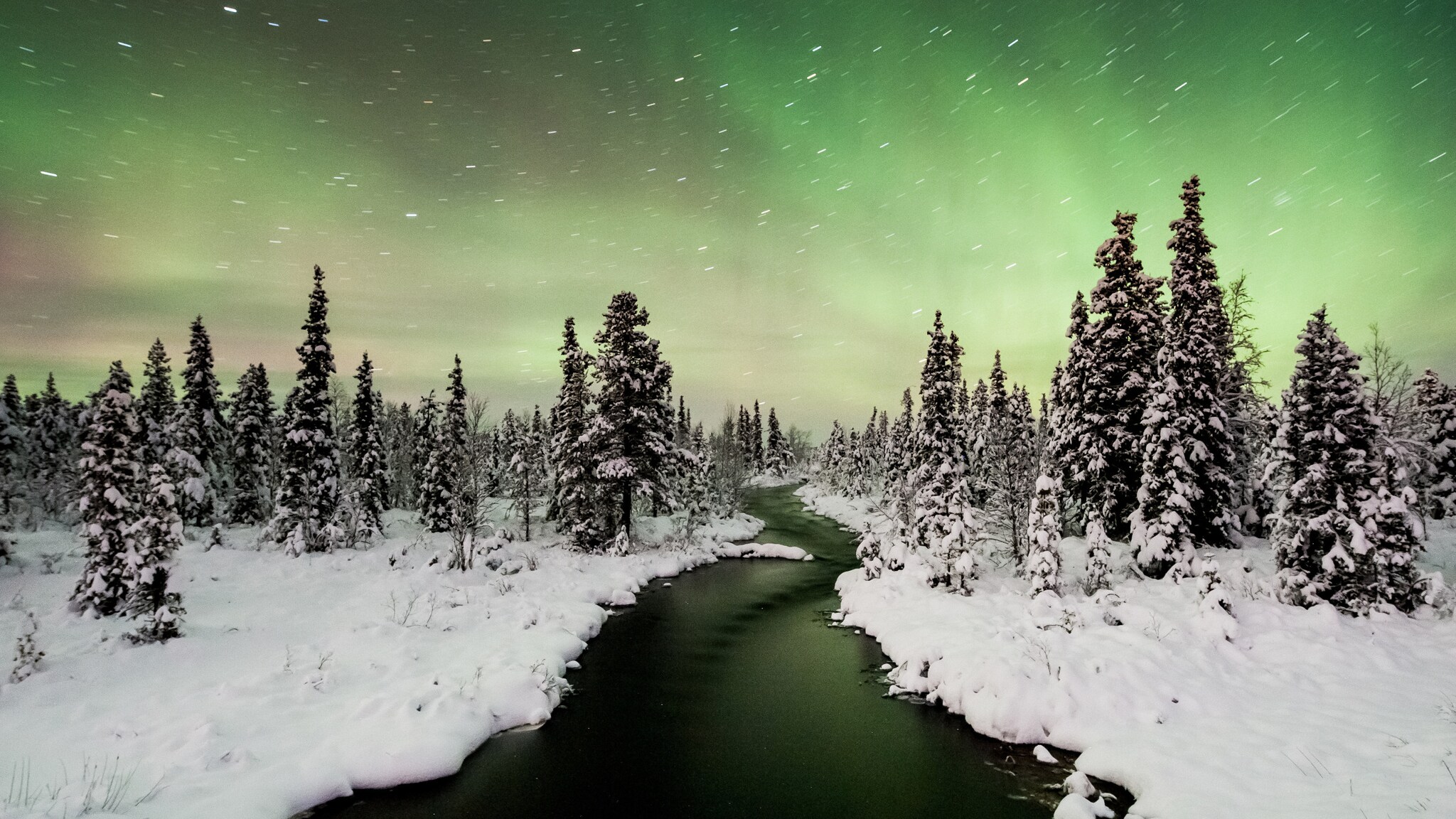 Schneebedeckter Fluss fließt durch einen Wald mit Tannen unter grünem Nordlicht am Himmel in Schweden. Schneebedeckter Fluss fließt durch einen Wald mit Tannen unter grünem Nordlicht am Himmel in Schweden.