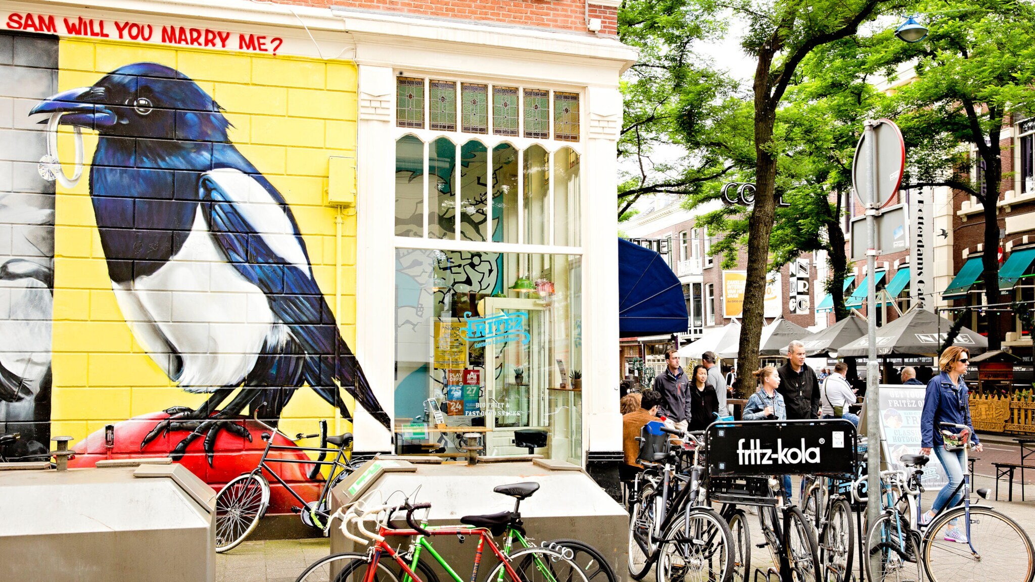 Große Wandmalerei eines schwarz-weißen Vogels mit blauem Gefieder auf gelbem Hintergrund, darüber roter Text 'SAM WILL YOU MARRY ME?'. Vor dem Gebäude mehrere Fahrräder und ein schwarzer Fahrradanhänger mit weißer Aufschrift 'fritz-kola'.
