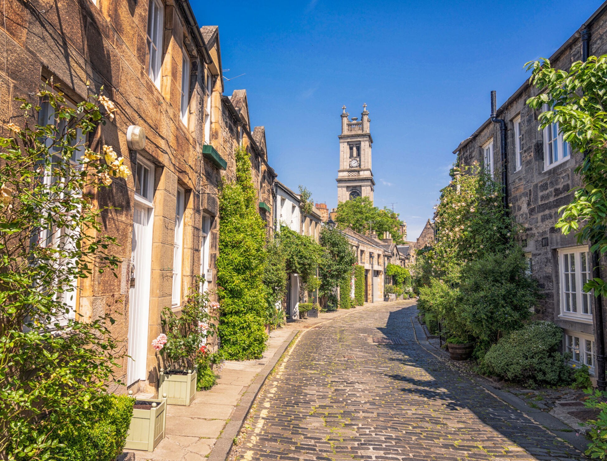 Blick auf eine enge Straße mit schönen alten Häusern, an denen Grünpflanzen hochwachsen, im Hintergrund ein Kirchturm und blauer Himmel.