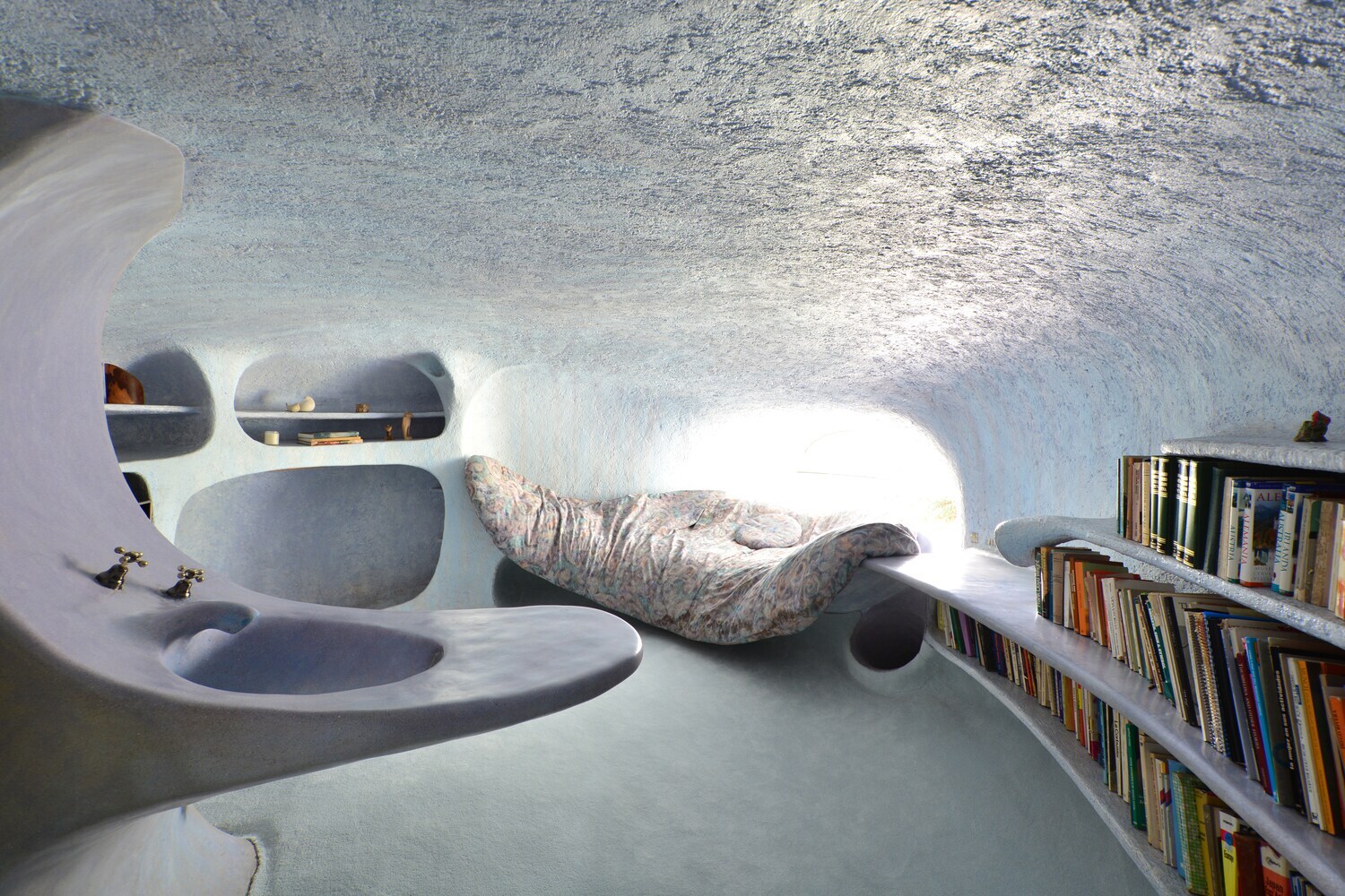 Innenraum eines organisch geformten Wohnhauses mit eingebundenen Regalen und Waschbecken