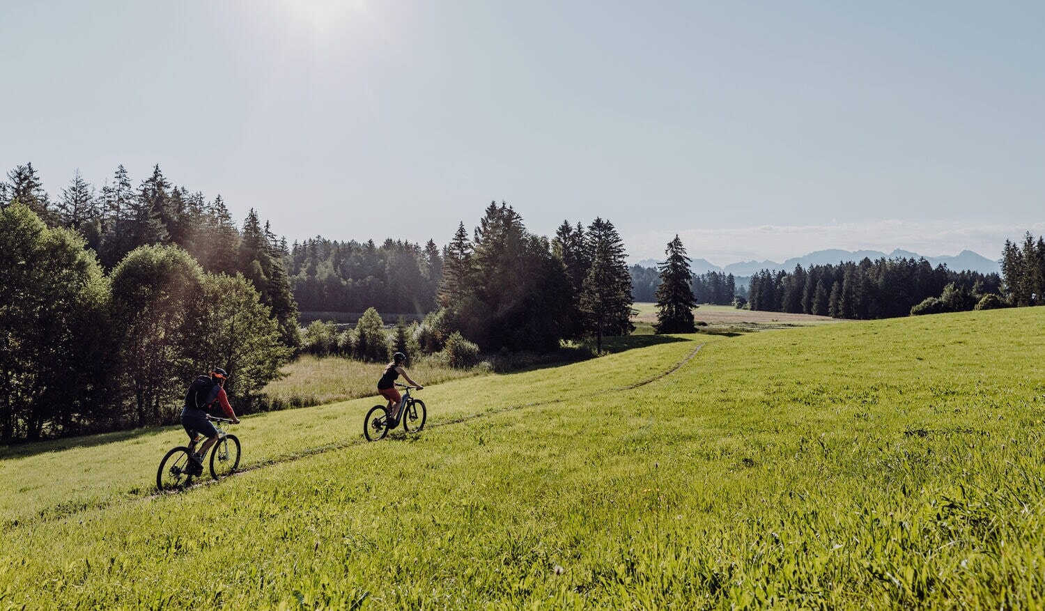 Zwei Personen auf Mountainbikes fahren einen schmalen Pfad auf einer Wiese entlang Zwei Personen auf Mountainbikes fahren einen schmalen Pfad auf einer Wiese entlang