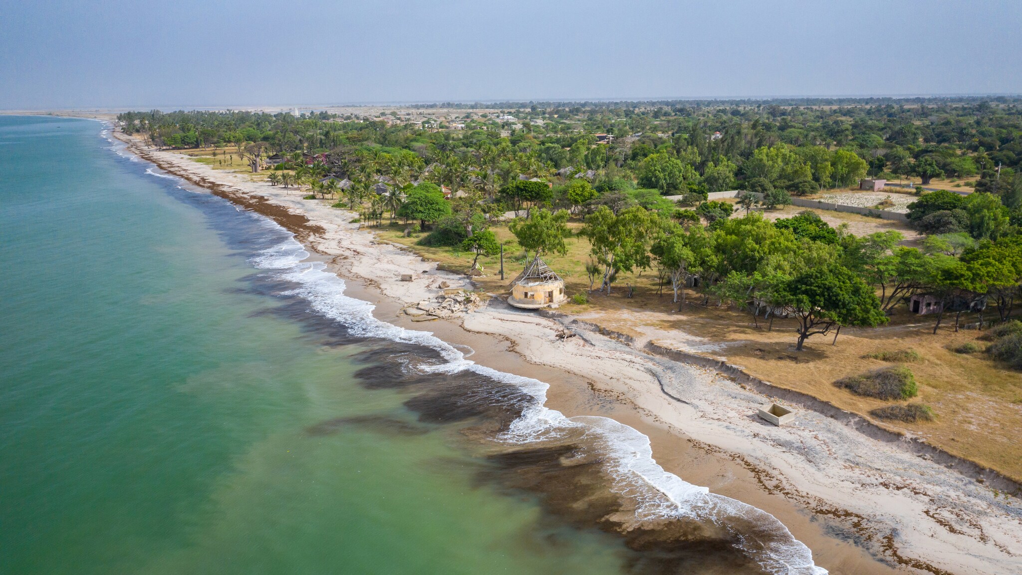 Küste mit flachem Sandstrand und Mangrovenwald.