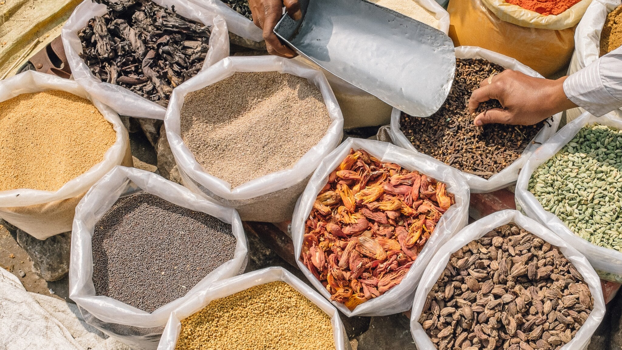 Mehrere Säcke mit verschiedenen getrockneten Gewürzen und Samen auf einem Markt, zwei Hände greifen hinein Mehrere Säcke mit verschiedenen getrockneten Gewürzen und Samen auf einem Markt, zwei Hände greifen hinein
