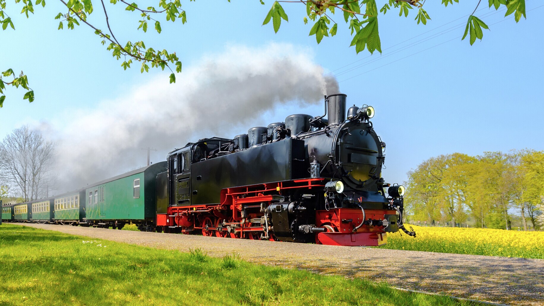 Dampflok mit schwarzem Kessel und rotem Rahmen zieht einen grünen Waggon auf dem Hindenburgdamm in Sylt. Rauch steigt aus dem Schornstein auf.