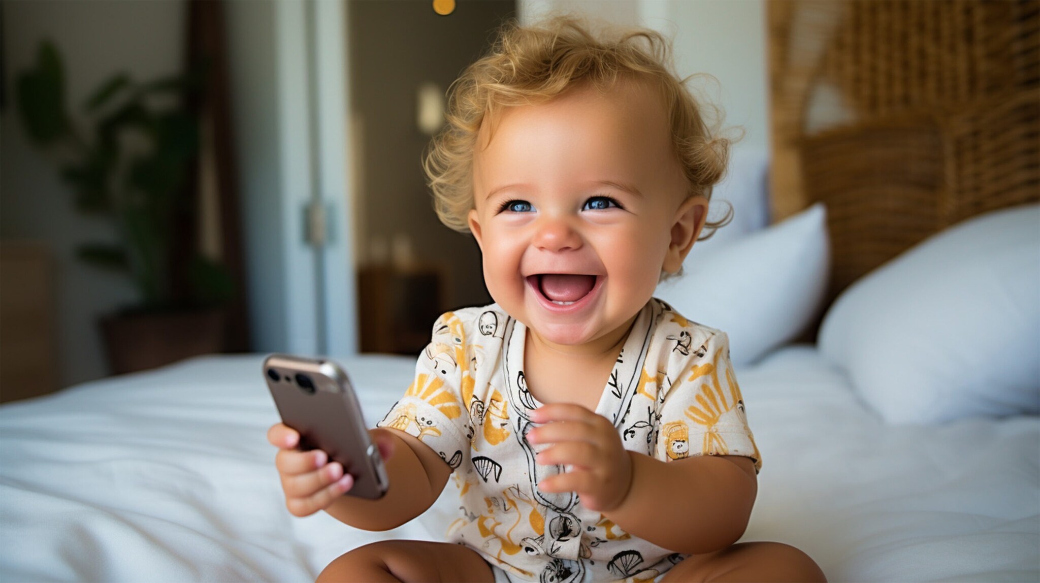 KI-generierte Videos: Auftritt der Avatare Ein Kleinkind lächelt breit in die Kamera und hält ein Smartphone in der Hand.