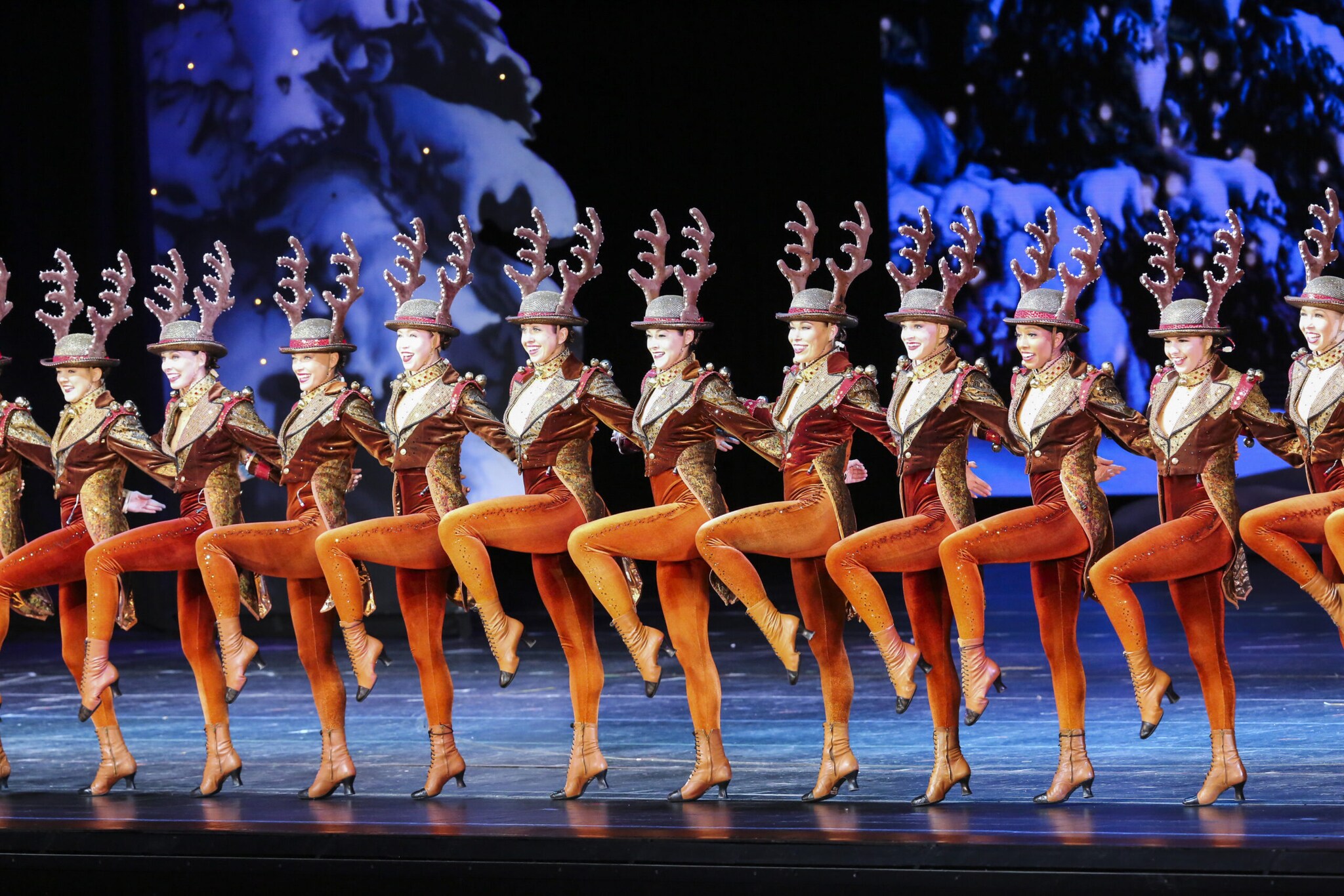Aufgereihte Tänzerinnen in Elch-Kostümen tanzen auf einer Bühne mit winterlicher Kulisse
