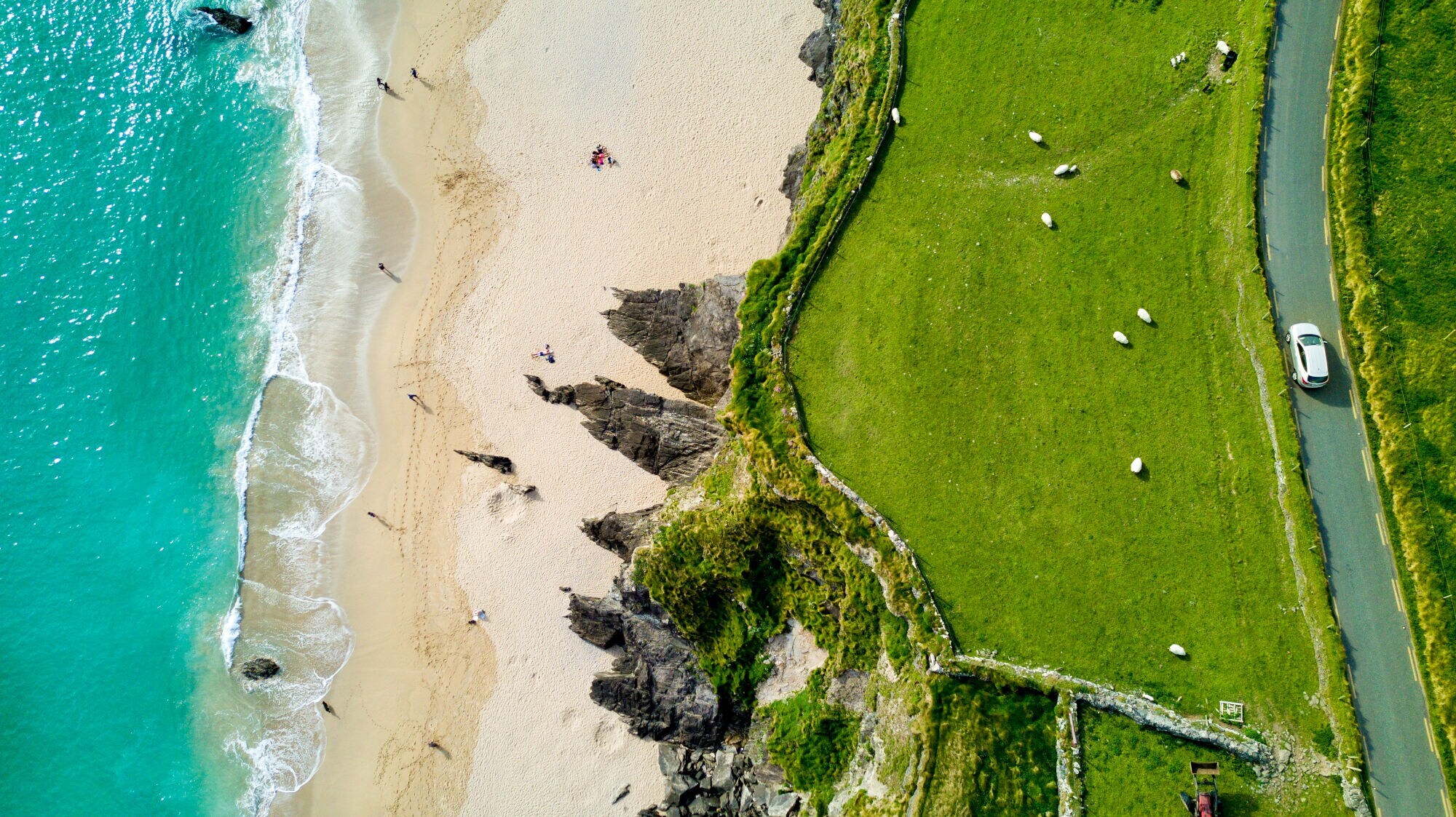 Luftaufnahme einer Küstenlandschaft mit Sandstrand und grünem Gras. Am Strand sind einige Personen sichtbar, während auf der Wiese Schafe grasen. Ein Auto steht auf der Straße.