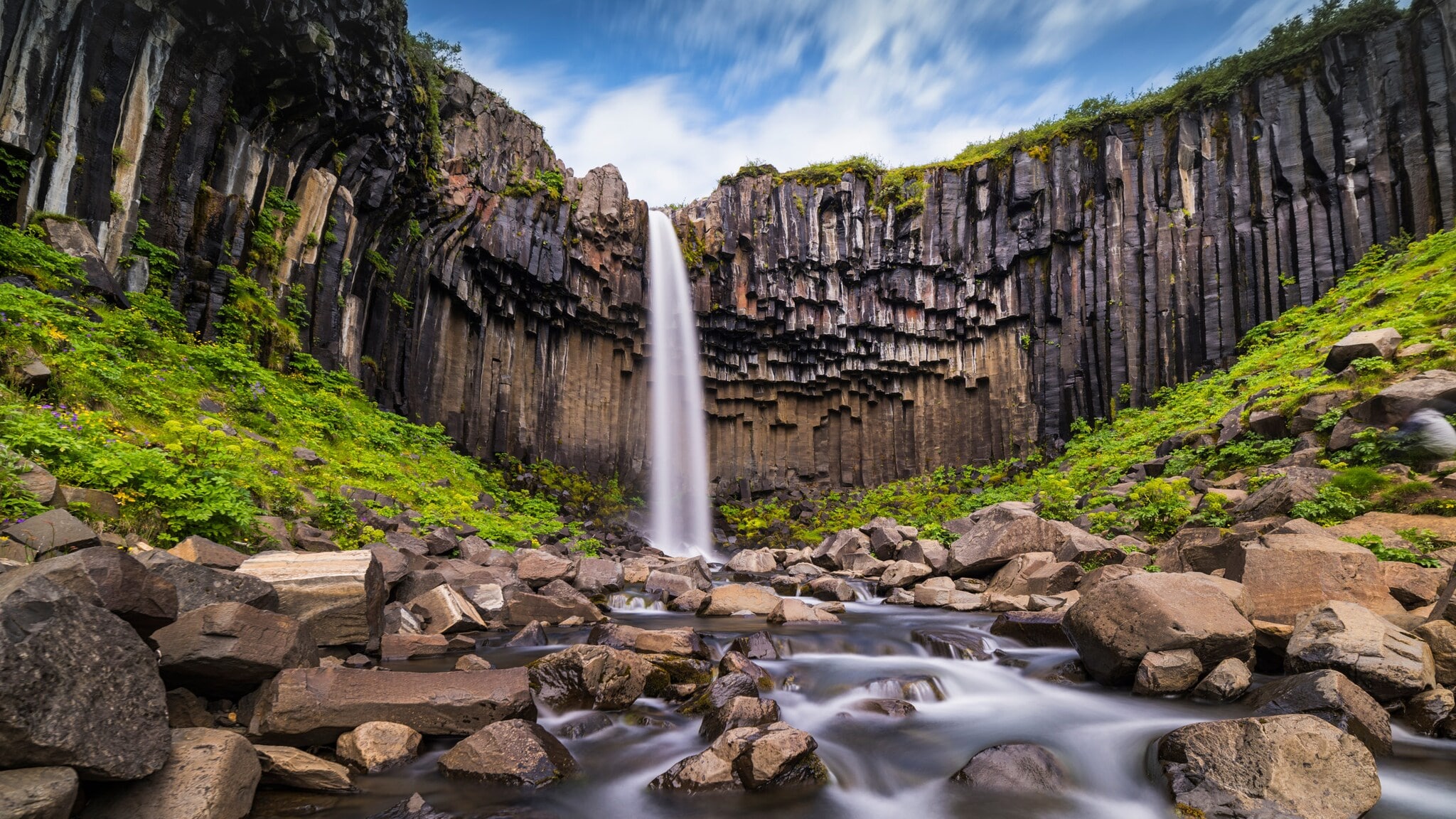 Wasserfall vor einer hohen Felswand mit säulenförmigen Basaltformationen und einem Fluss mit vielen Steinen im Vordergrund. Wasserfall vor einer hohen Felswand mit säulenförmigen Basaltformationen und einem Fluss mit vielen Steinen im Vordergrund.