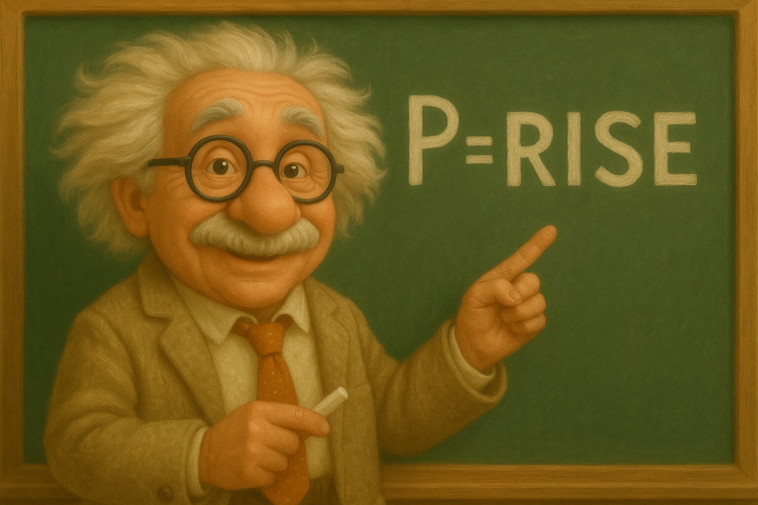 Albert Einstein steht vor der Tafel, hält einen Kreidestift in der Hand und zeigt auf das an der Tafel geschriebene P=RISE.