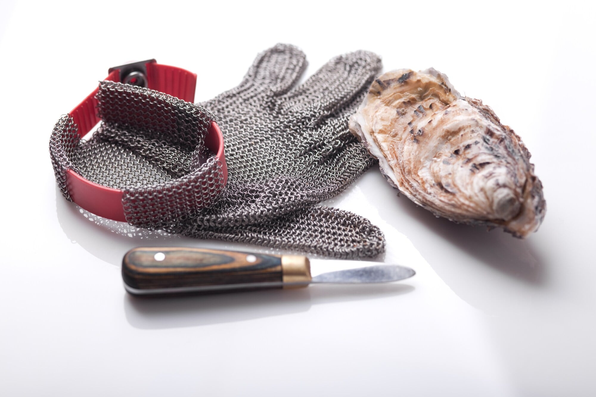 Kettenhandschuh, Austernmesser und eine Auster liegen nebeneinander