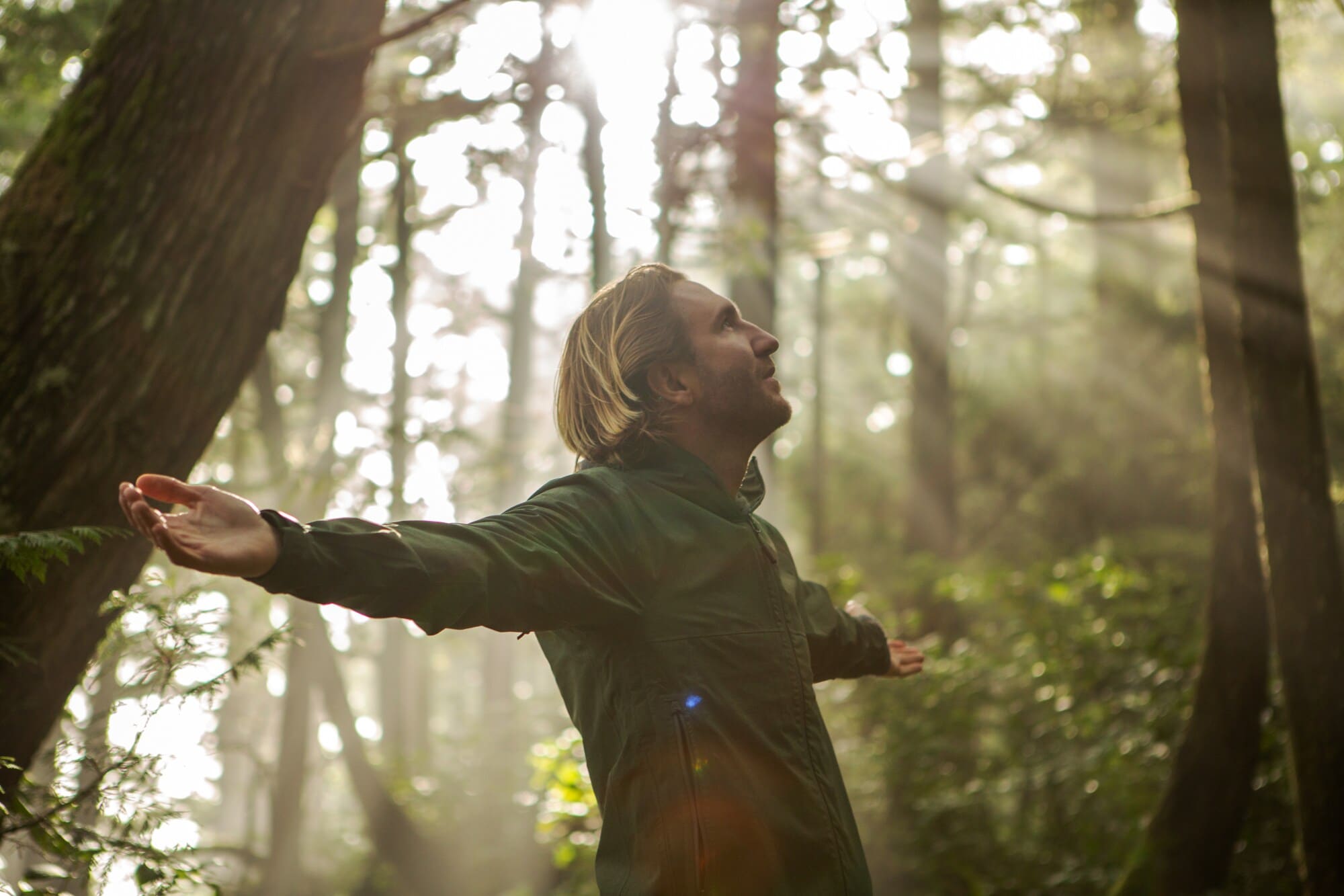 Ein Mann steht mit ausgebreiteten Armen im lichtdurchfluteten Wald und schaut nach oben Ein Mann steht mit ausgebreiteten Armen im lichtdurchfluteten Wald und schaut nach oben
