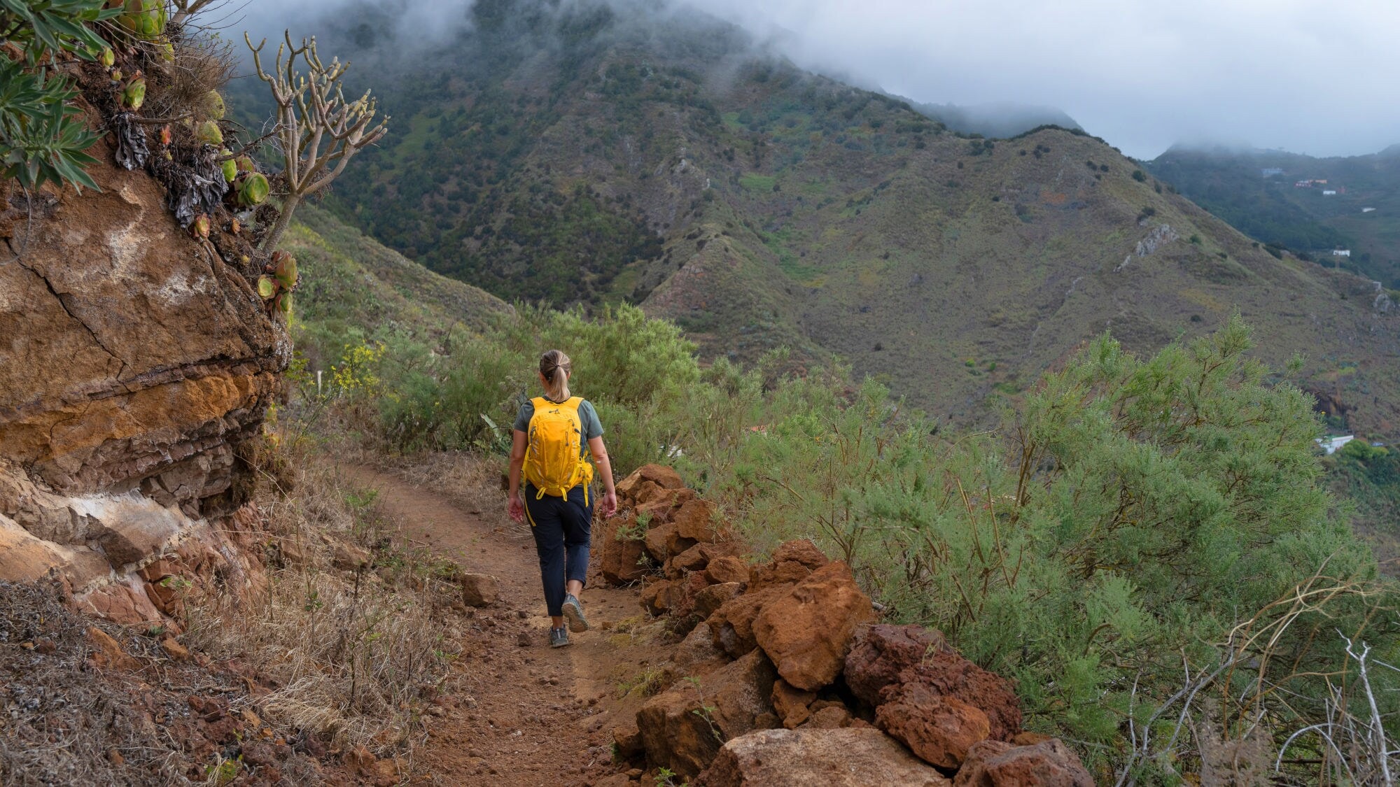 Eine Person mit gelbem Rucksack geht auf einem Pfad in bergiger Landschaft auf Teneriffa. Der Himmer ist bewölkt, am Wegesrand ist grüne Vegetation. Eine Person mit gelbem Rucksack geht auf einem Pfad in bergiger Landschaft auf Teneriffa. Der Himmer ist bewölkt, am Wegesrand ist grüne Vegetation.