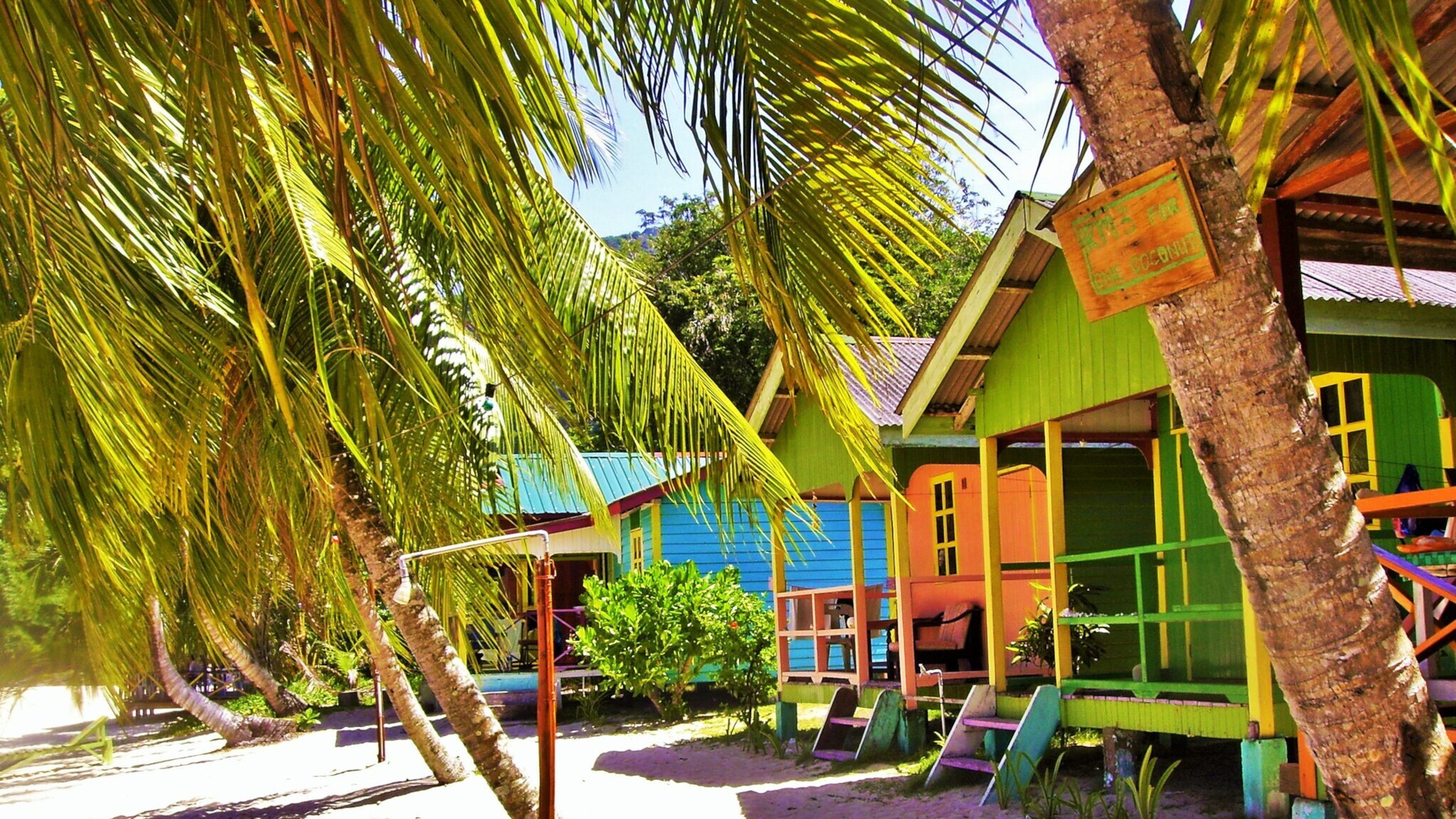 Mehrere bunte Holzhäuser auf Stelzen am Sandstrand, umgeben von Palmen und tropischer Vegetation. Mehrere bunte Holzhäuser auf Stelzen am Sandstrand, umgeben von Palmen und tropischer Vegetation.