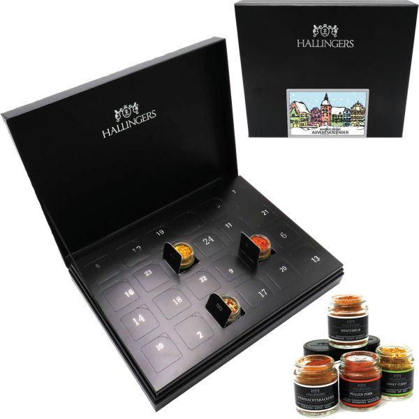 Ein schwarzer Adventskalender mit drei geöffneten Türen und Gewürzgläsern, die daneben stehen.