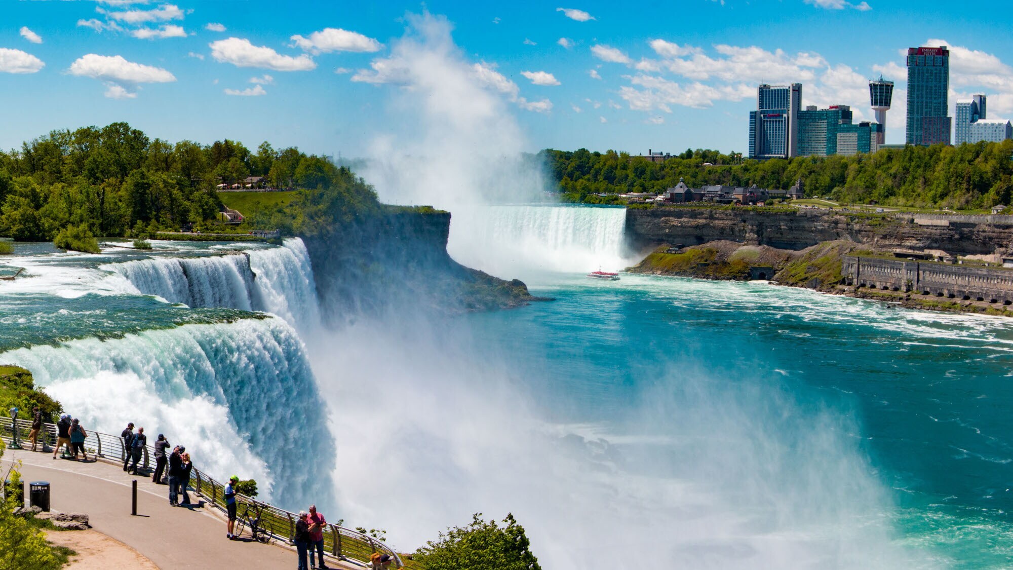 Panoramaaufnahme der Niagarafälle mit Personen am Ufern, im Hintergrund einige Hochhäuser.