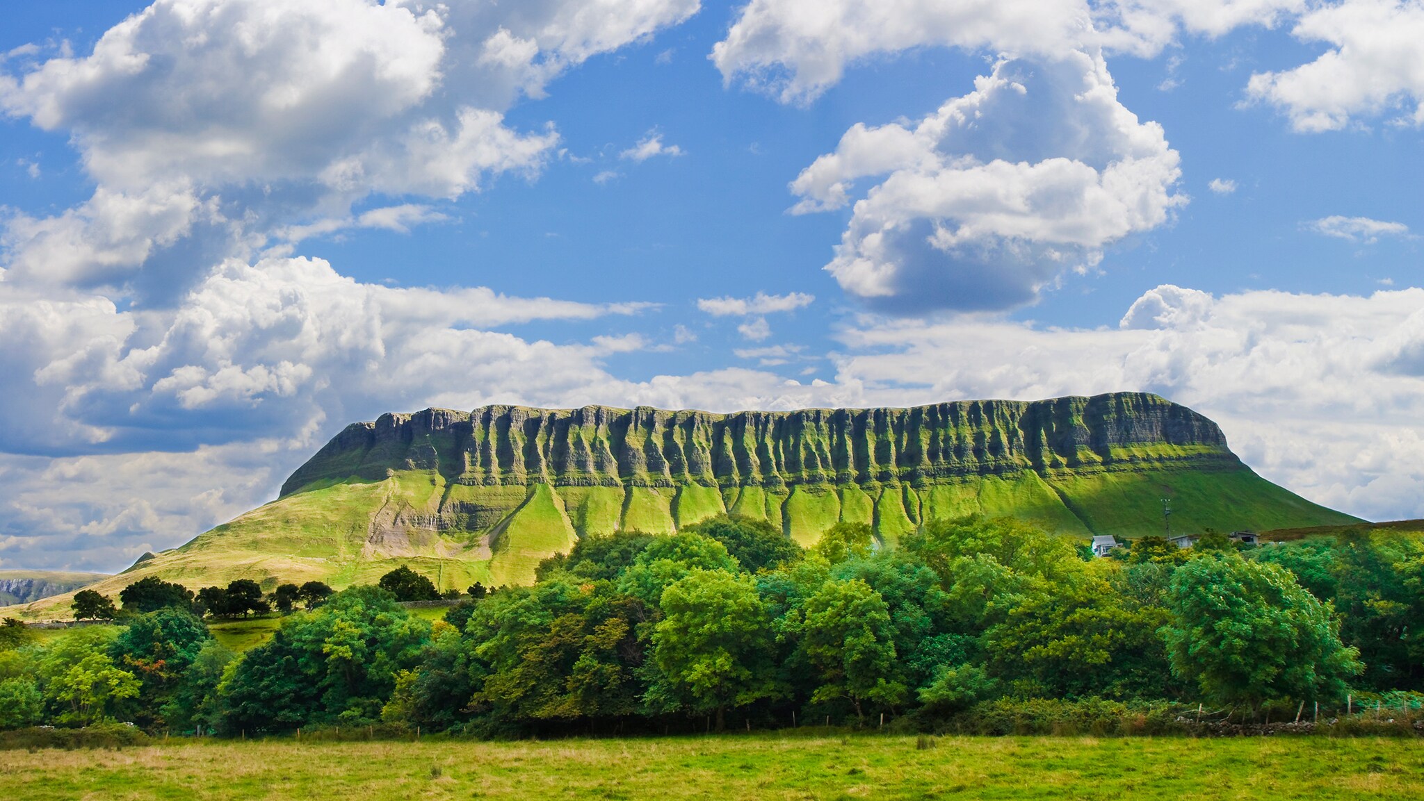 Auf einer grünen Wiese mit Bäumen ragt ein großer, rechteckiger Berg empor, der teilweise mit Gras bewachsen ist. Auf einer grünen Wiese mit Bäumen ragt ein großer, rechteckiger Berg empor, der teilweise mit Gras bewachsen ist.