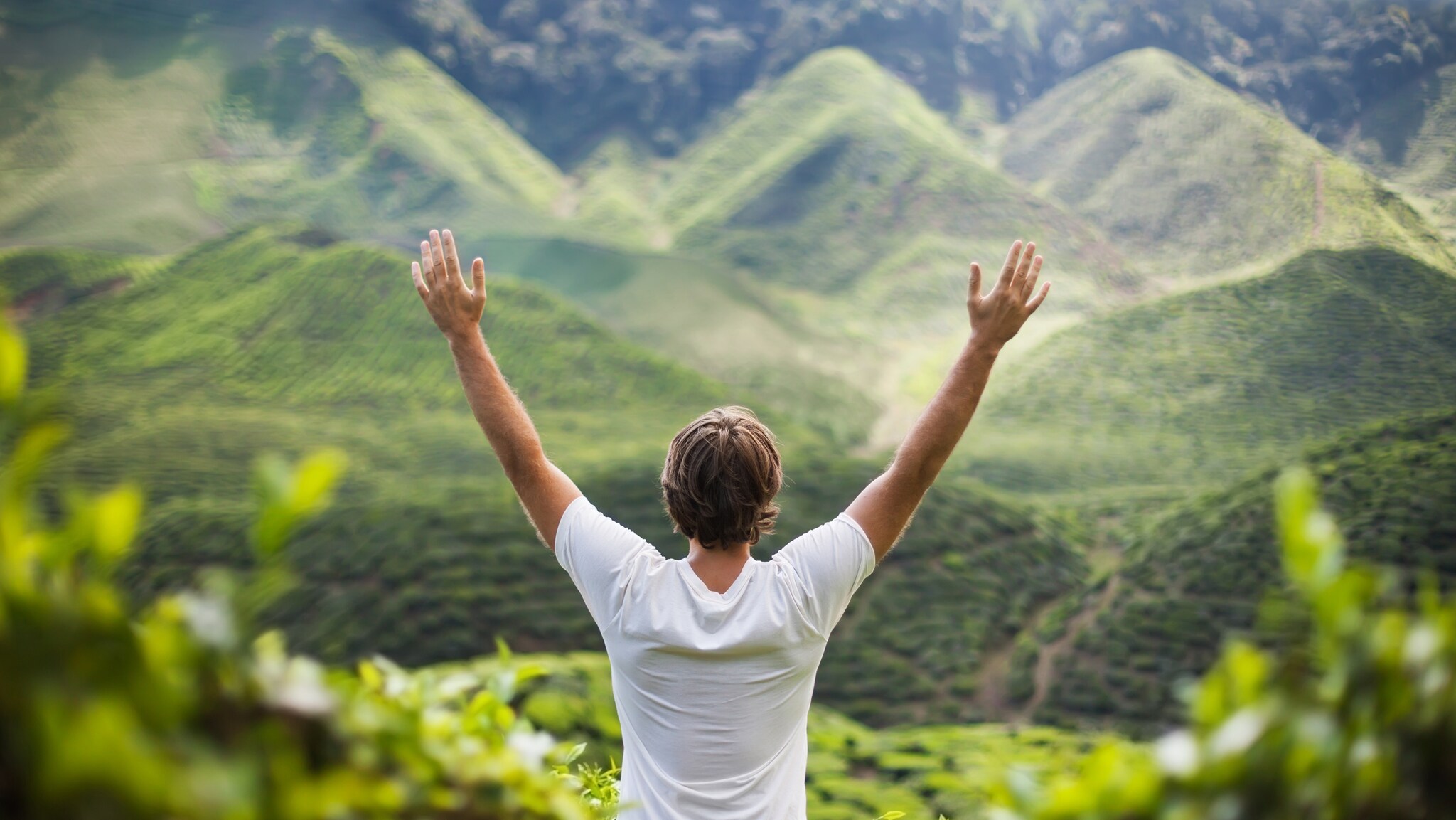Mann mit weißen T-Shirt steht mit erhobenen Armen vor grünen, bewaldeten Hügeln.
