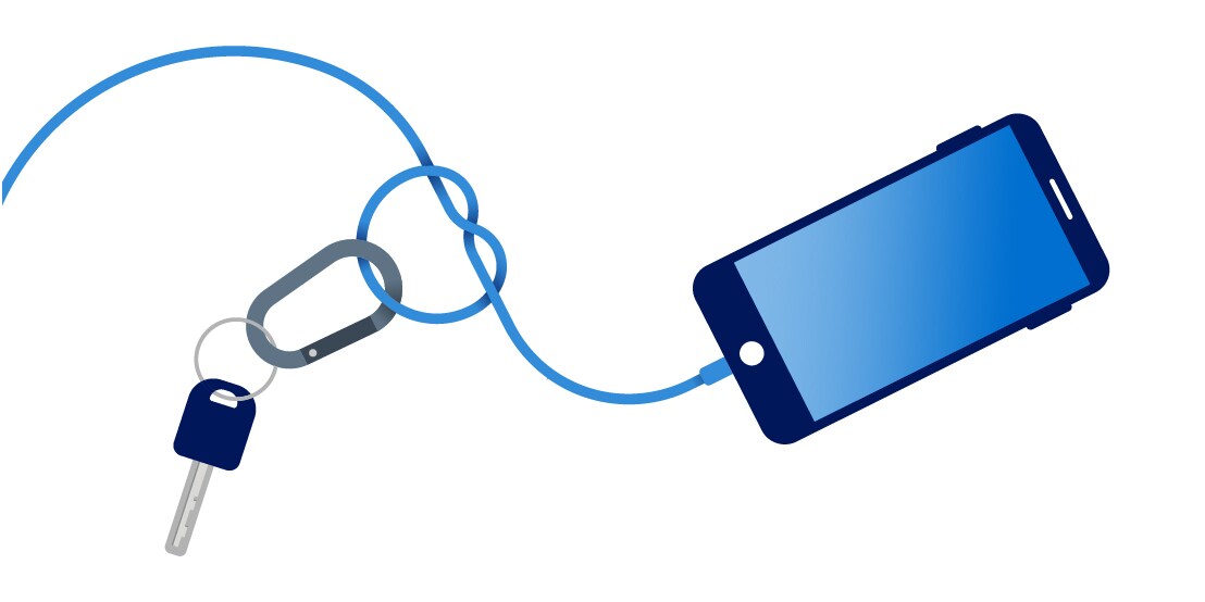 Die Illustration eines Handys, das durch einen Karabiner mit einem Schlüssel verbunden ist.