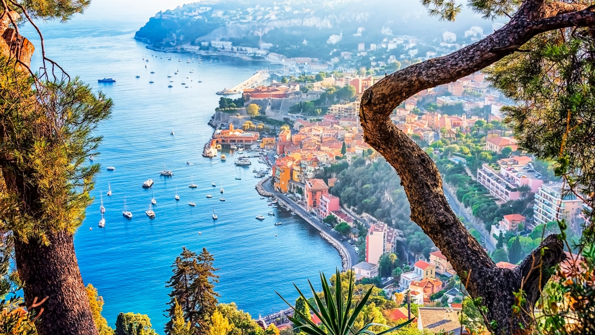 Blick auf eine Küstenstadt mit bunten Gebäuden, Booten im Wasser und grünen Bäumen im Vordergrund. Die Stadt liegt am Ufer eines blauen Meeres. Blick auf eine Küstenstadt mit bunten Gebäuden, Booten im Wasser und grünen Bäumen im Vordergrund. Die Stadt liegt am Ufer eines blauen Meeres.