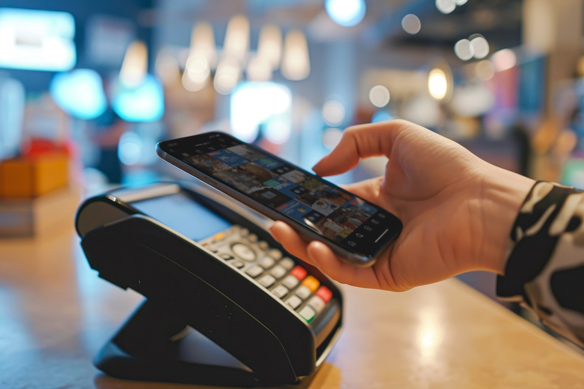 Nahaufnahme einer Hand. Bezahlung mit Smartphone