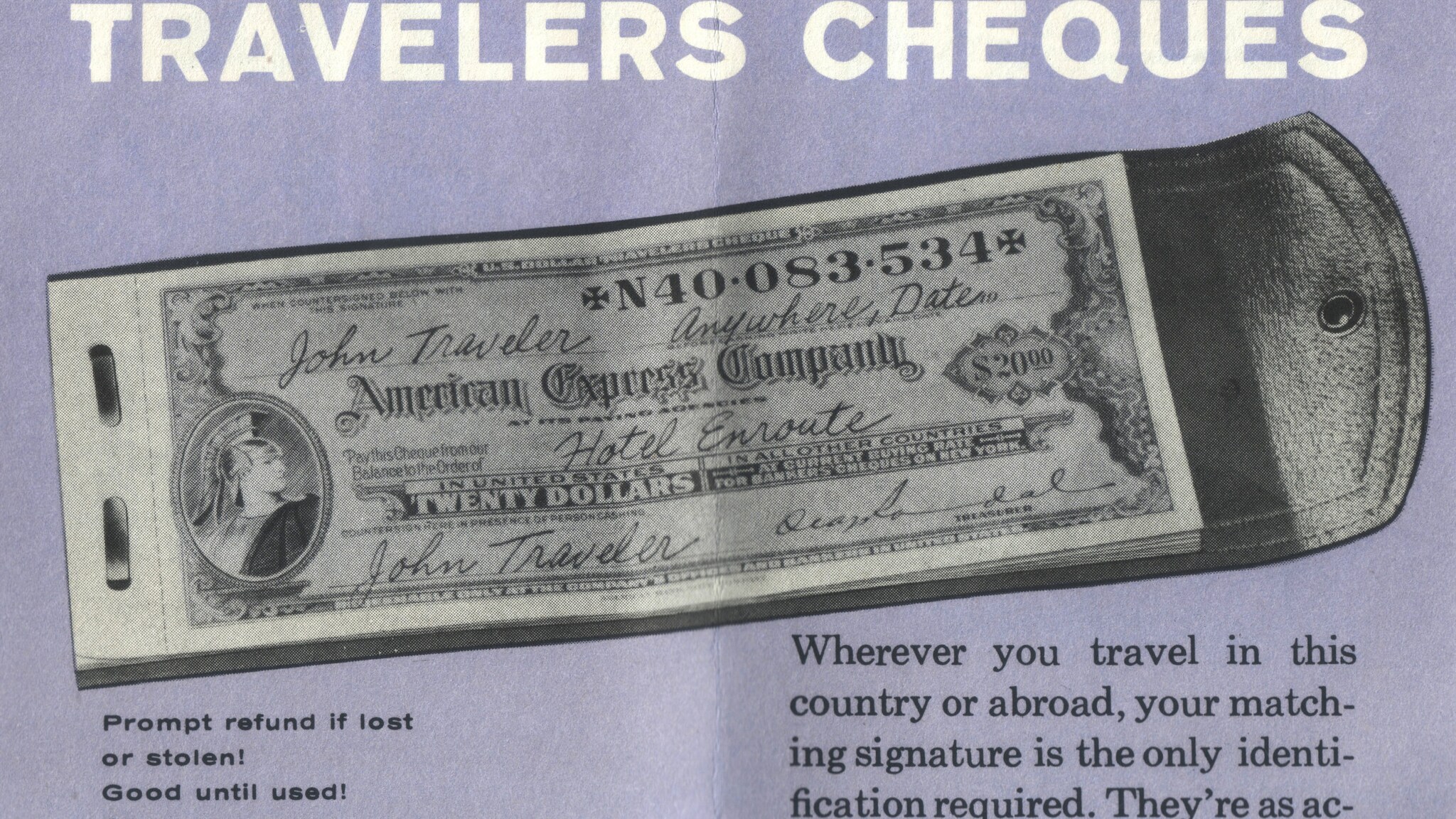 Illustration eines American Express Travelers Cheque auf einem Werbeplakat.