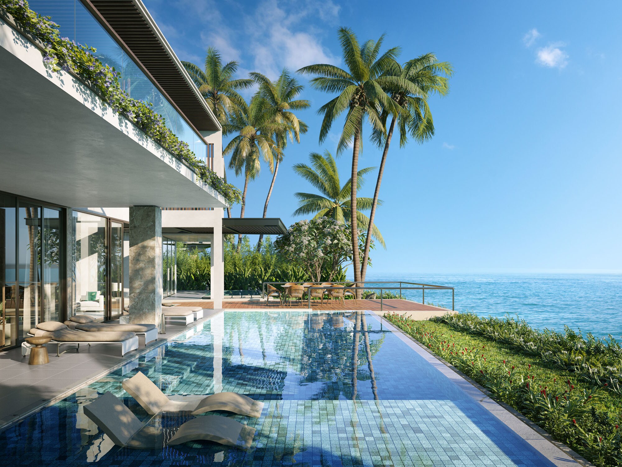 Terrasse einer luxuriösen Hotelsuite mit Swimmingpool und Palmen am Meer. Terrasse einer luxuriösen Hotelsuite mit Swimmingpool und Palmen am Meer.