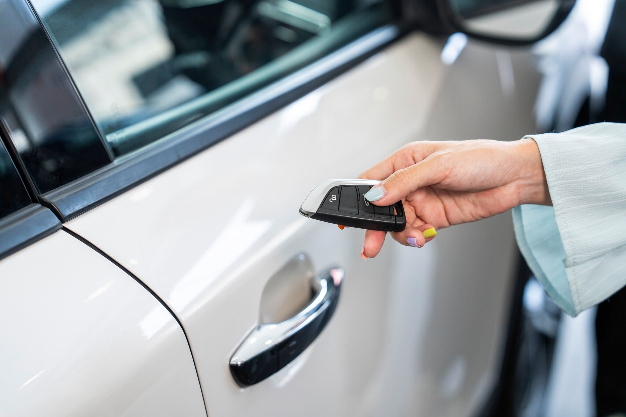 Eine Hand bedient einen Autoschlüssel mit Funk vor einem weißen Auto. Eine Hand bedient einen Autoschlüssel mit Funk vor einem weißen Auto.