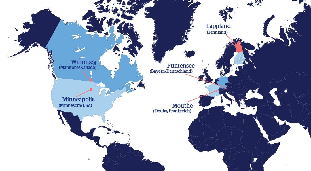 Weltkarte mit markierten besonders kalten Regionen in Nordamerika und Europa, darunter Winnipeg, Minneapolis, Lappland, Funtenssee und Mouthe.