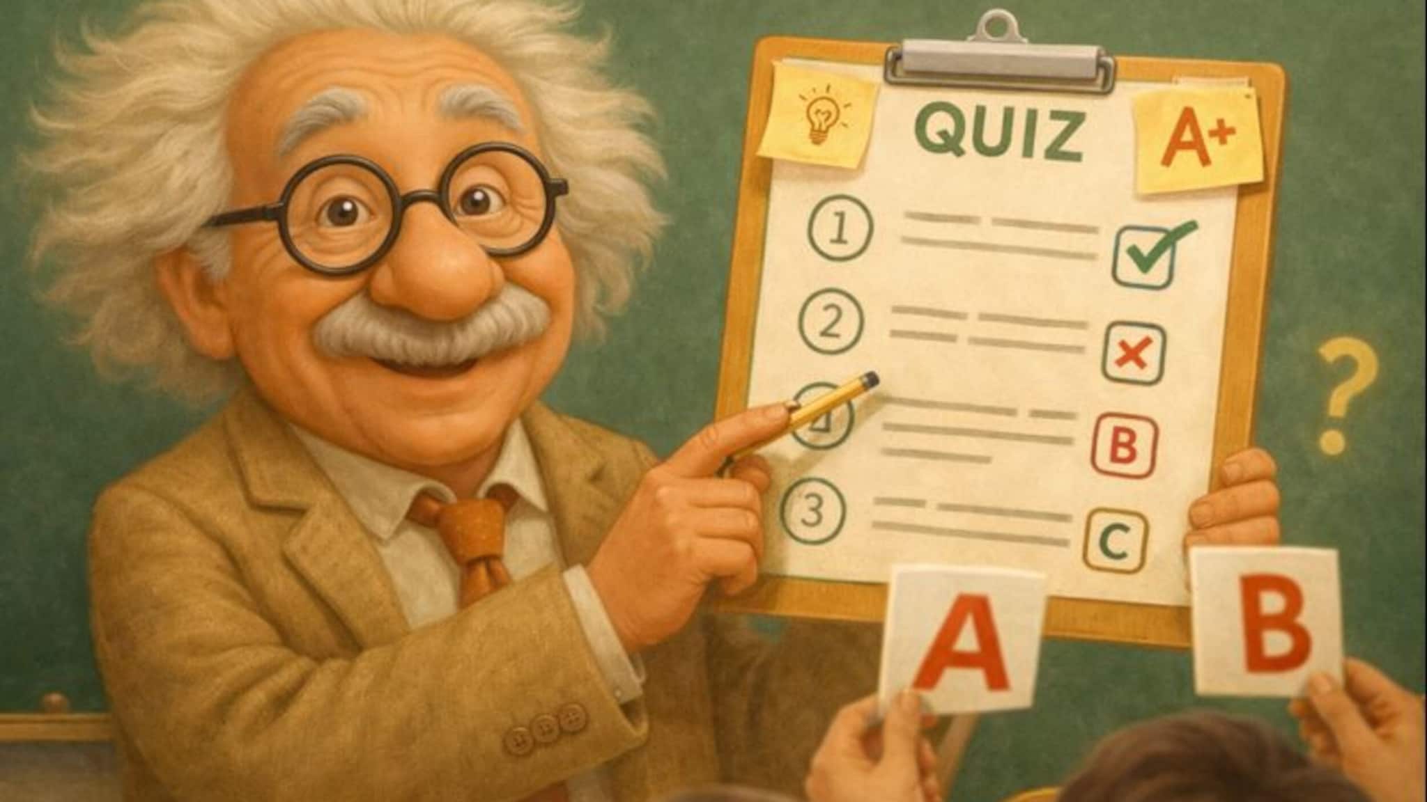 Illustration eines Professors in einem Klassenraum, der ein Klemmbrett mit einem Quiz präsentiert. Illustration eines Professors in einem Klassenraum, der ein Klemmbrett mit einem Quiz präsentiert.