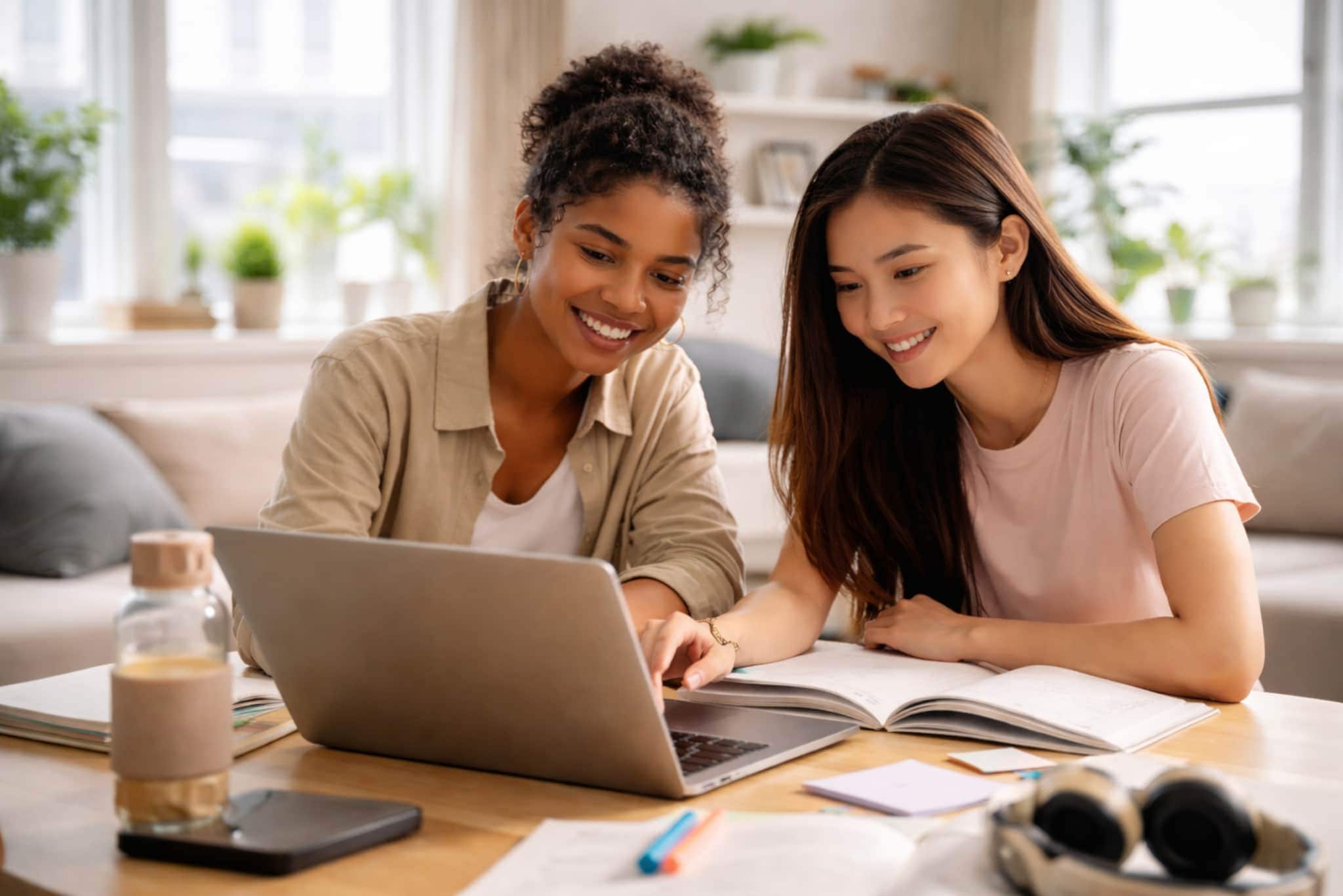 Zwei junge Frauen sitzen an einem Tisch und lernen gemeinsam mit einem Laptop in einem modernen Wohnumfeld. Zwei junge Frauen sitzen an einem Tisch und lernen gemeinsam mit einem Laptop in einem modernen Wohnumfeld.
