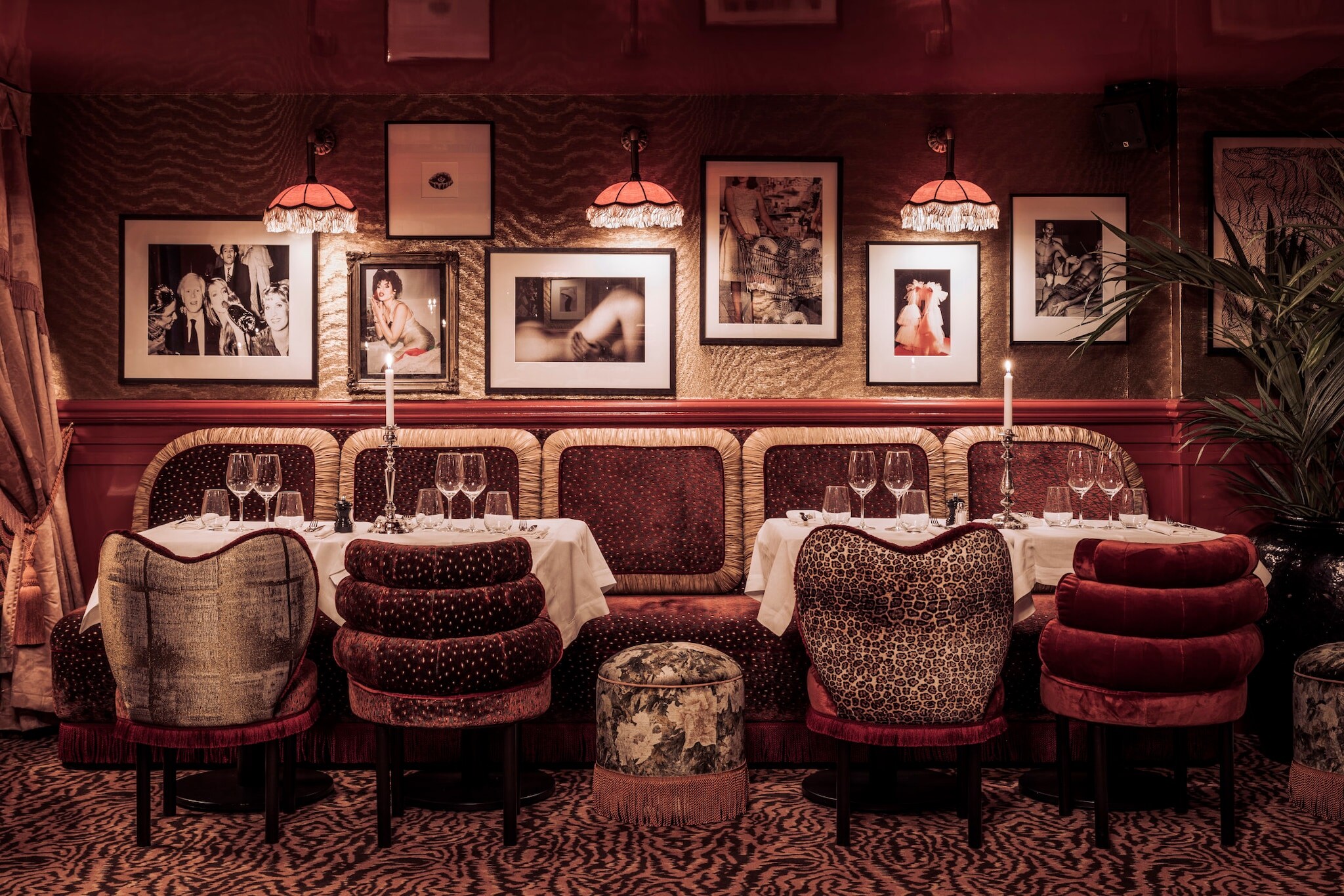 Gedeckte Tische in einem in dunklen Farben gehaltenem Interieur mit Sesseln und Teppich mit Animal-Muster sowie Fotografien an der Wand und Fransenlampen an der Decke.