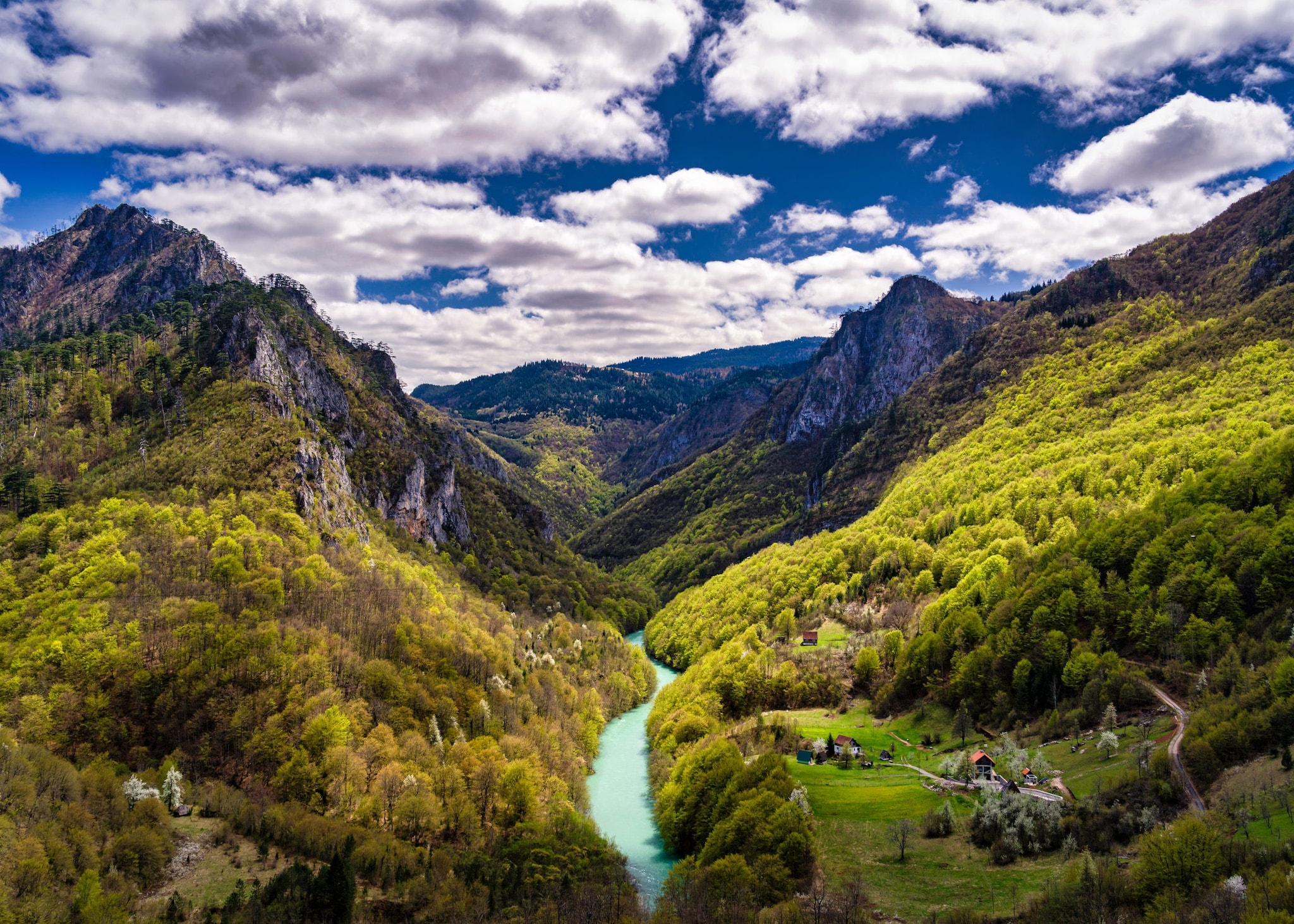 Blick von oben auf eine Schlucht, die von Bergen und Bäumen umgeben ist. Blick von oben auf eine Schlucht, die von Bergen und Bäumen umgeben ist.
