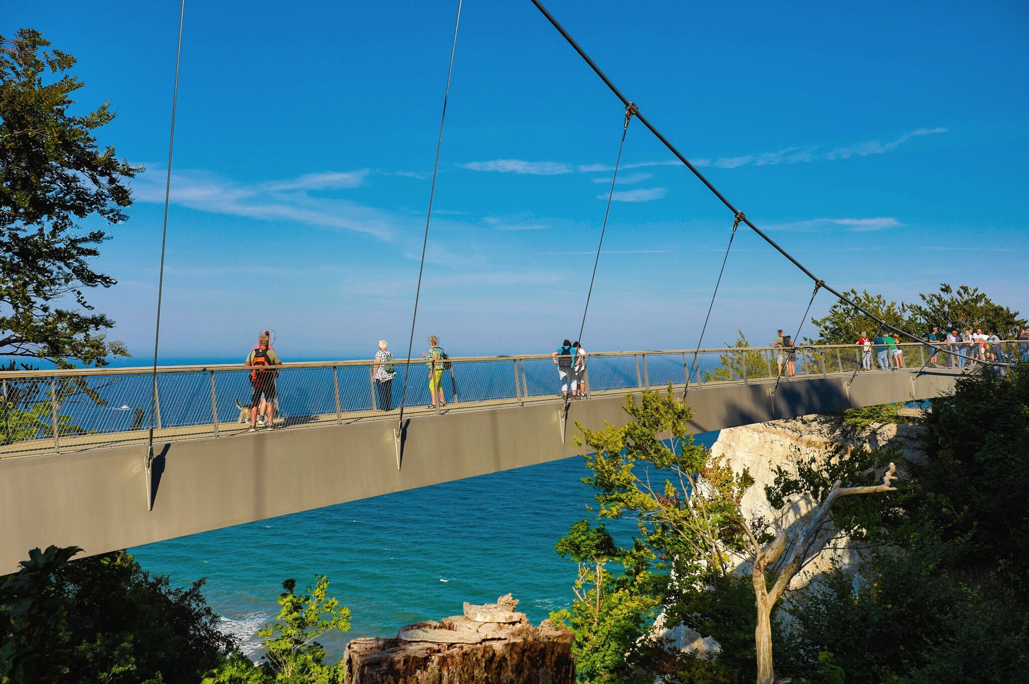Mehrere Personen laufen auf einer schmalen Brücke zwischen Kreidefelsen am Meer unter blauem Himmel bei Sonnenschein.