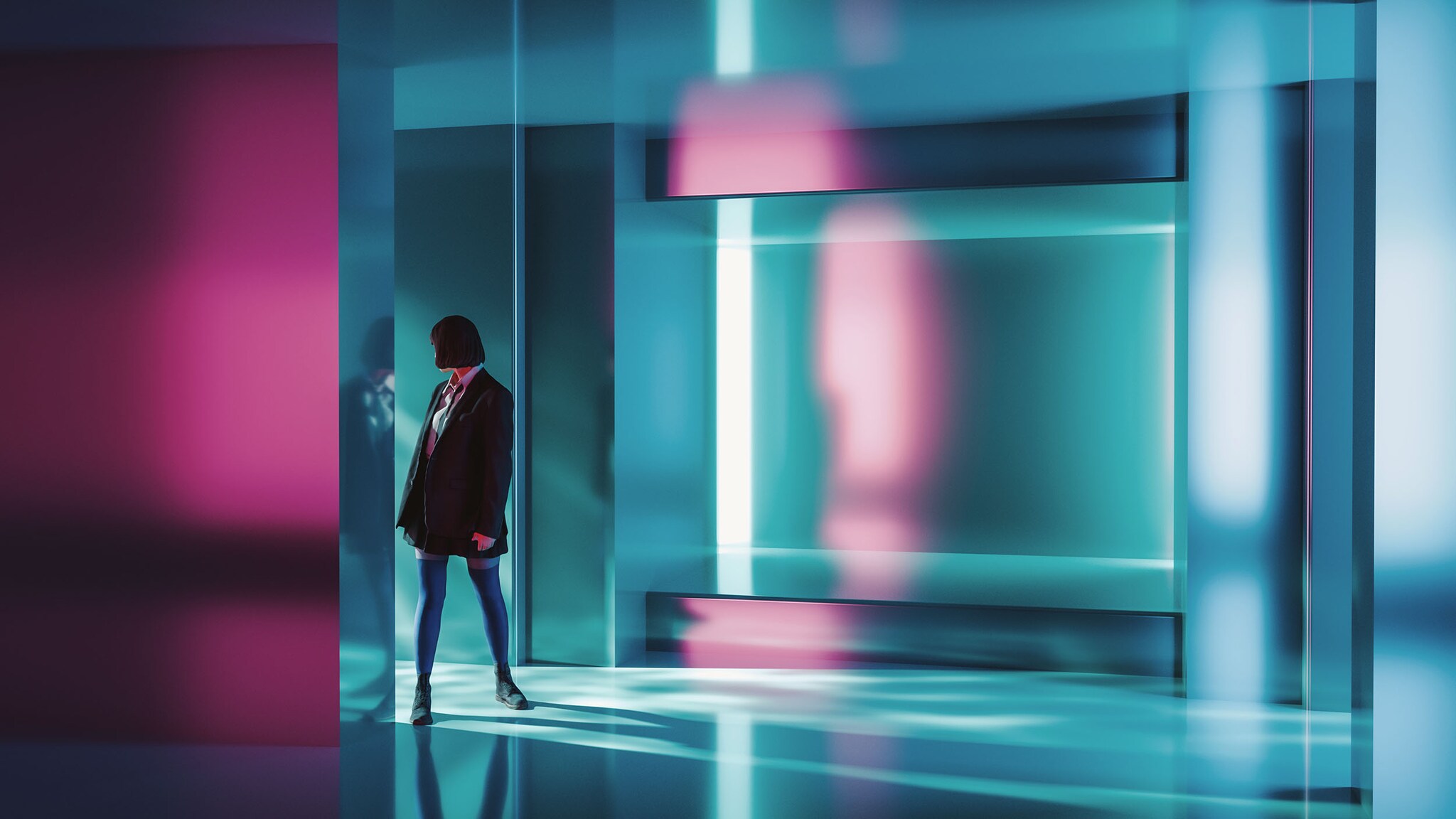 Eine Person steht in einem bunt beleuchteten Raum.