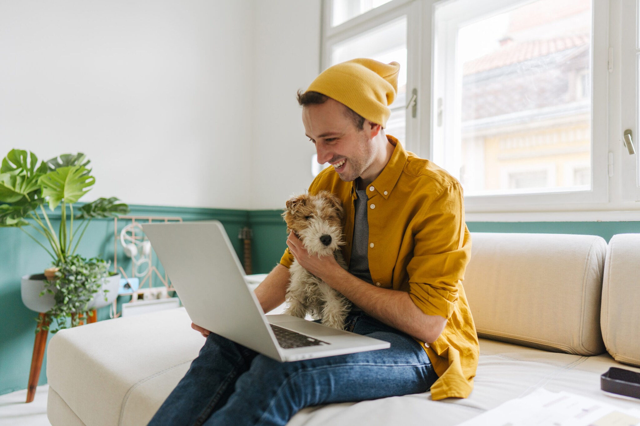 Eine Person sitzt auf einem Sofa, krault einen Hund auf dem Schoß und blickt in ein geöffnetes Notebook.