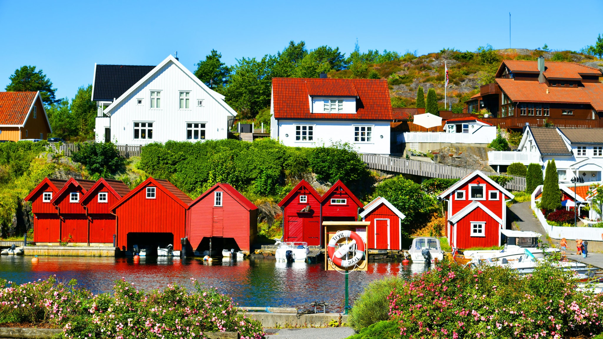 amex-magazin-kristiansand-norwegen-fluss-haeuser An einem Fluss stehen rote und weiße Häuser, umgeben von Natur.