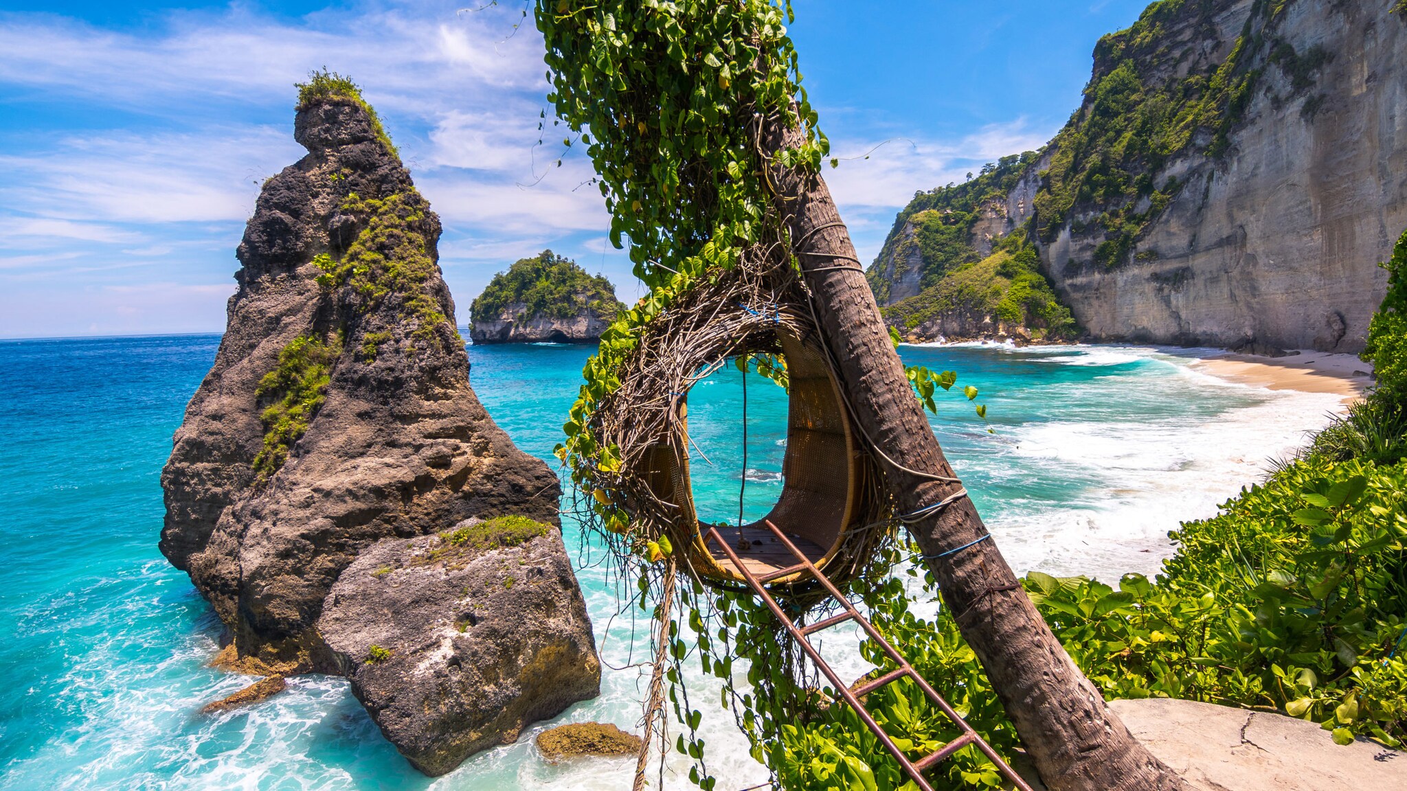 Ein Strand mit türkisfarbigem Wasser, Felsen und kleinen grünen Pflanzen.